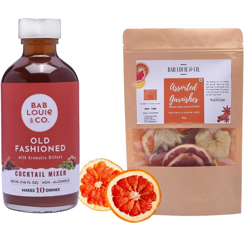 Bab Louie & Co. Assorted Garnishes with Old Fashioned Cocktail Mixer for Whiskey, Bourbon, Rum, Makes 7 Drinks, Combo Pack of 2 (50g Garnishes & 220 ML Mixer)