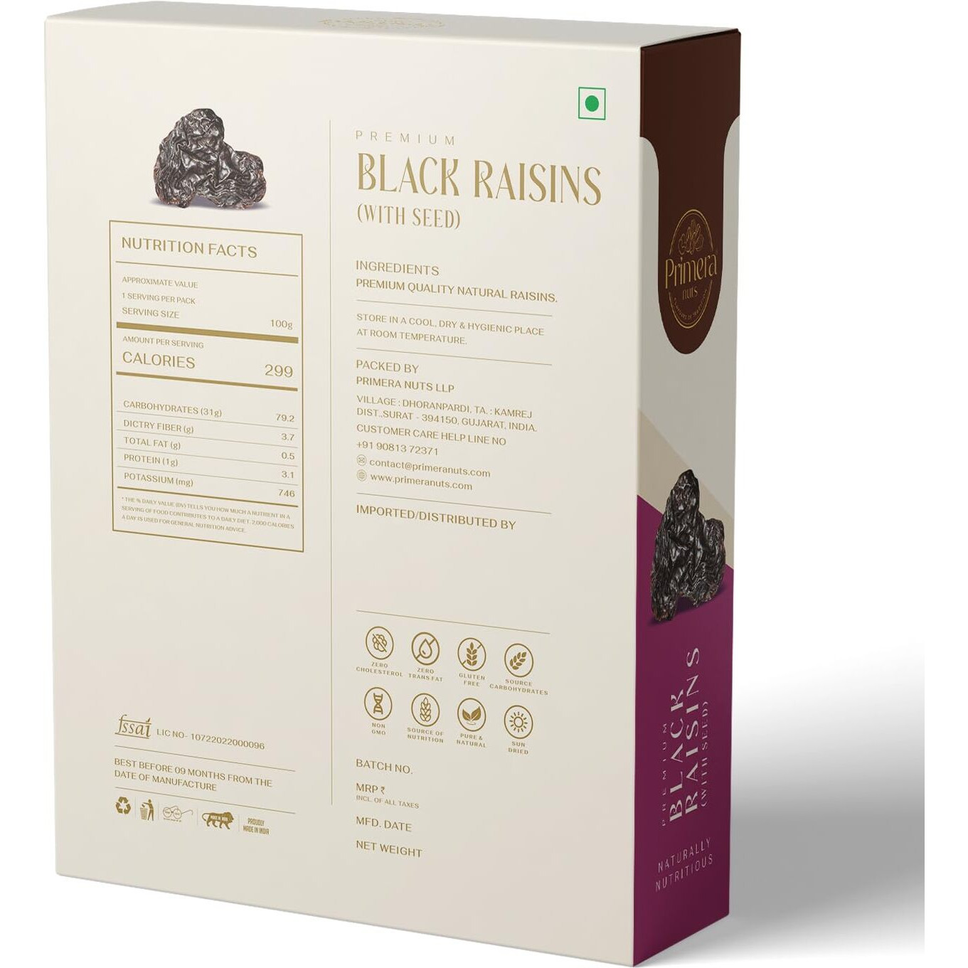 PRIMERA NUTS Premium Tasty Black Raisins 250 GM | Naturally Nutritious Raisin | Delicious Healthy Snack With Seed