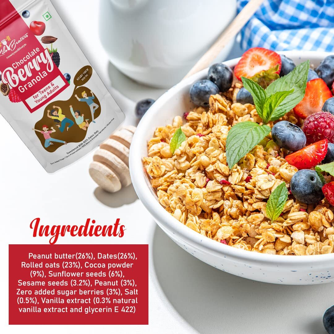 KILOBEATERS Chocolate Berry Granola For Teens & Young Adults Sweetened With 100% Dates, Zero Added Sugar & Gluten Free - (600 g)