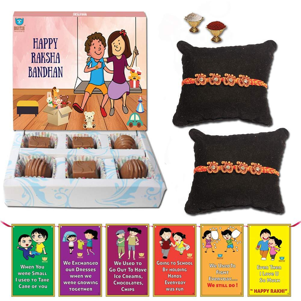 BOGATCHI Rakhi for Brother with Chocolates -Set of 2 Hand Crafted Om Rakhi for Brother + 6 Piece Chocolate Box+ Free roli chawal+ Bro sis Greeting Card