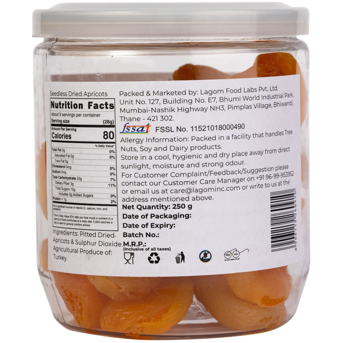 Lagom Gourmet Seedless Dried Apricots 250g | Sun Dried | No Added Sugar | Gluten Free | Vegan | Plant Based | Non GMO | Turkish Apricots Dry Fruits | Dry Apricots | Dried Apricots