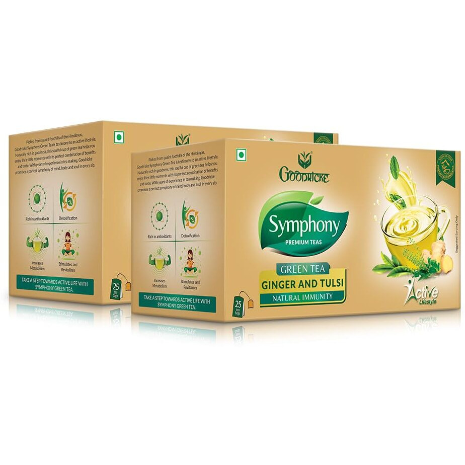 GOODRICKE Symphony Green Tea Ginger & Tulsi Flavour, 25 Tea Bags (Pack Of 2) | 100% Natural Flavour, Detoxifies & Increases Metabolism, 90 Gram