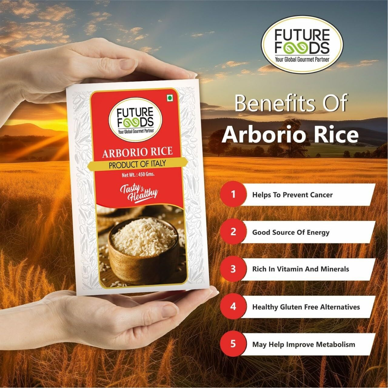 Future Foods Arborio Rice | Fat Free | Creamy Texture & Nutty Aroma | | Rich in Vitamin & Minerals | Product of Italy | Use to Make Rissotto | 450g
