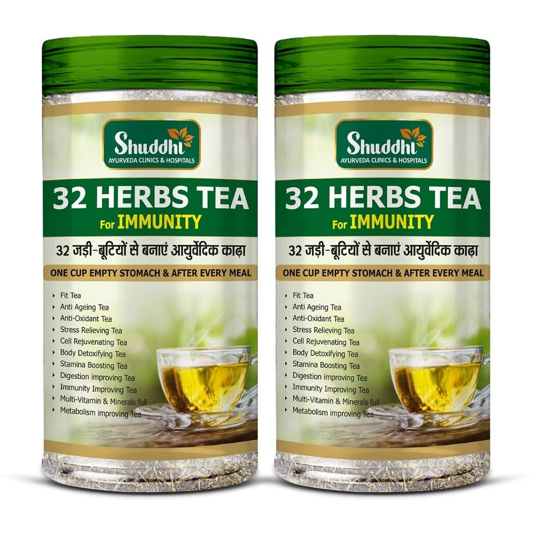 Shuddhi 32 Herbs Tea with Green Tea, Elaichi, Brahmi, Tulsi, Giloy, Laung, Gulab, Dalchini, Shank Pushpi etc for Body Detox and Wellness, 500gm