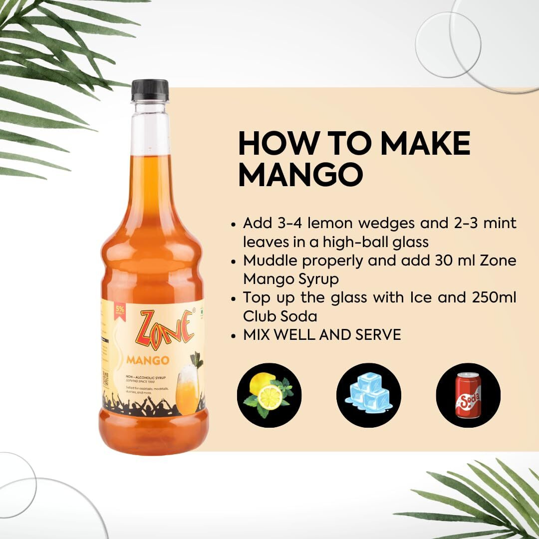 Zone Mango Syrup 1050ml | Zesty Mango Flavor for Mocktails, Cocktails, Lemonades, Iced Teas & More | 35+ Flavours
