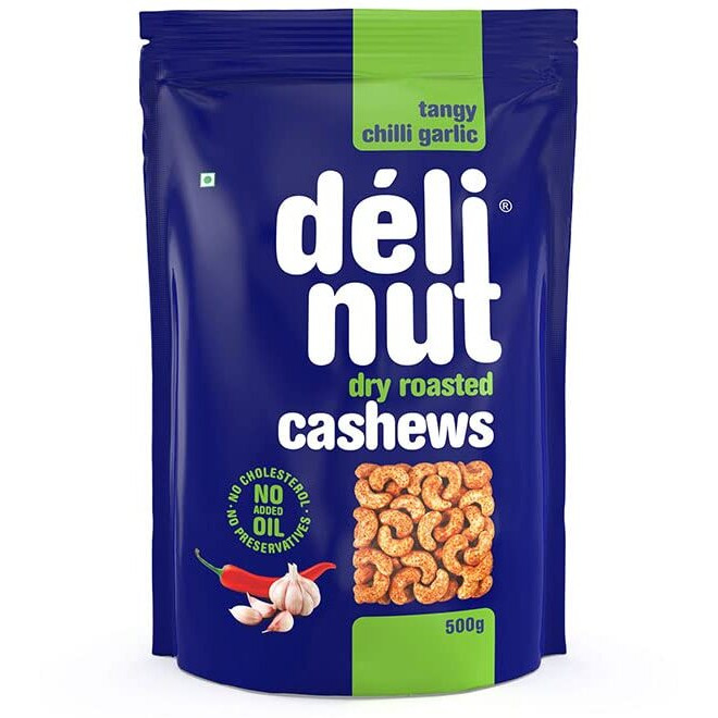 Delinut Dry Roasted Cashews | Plain and Flavoured Cashews (Chilli and Garlic, 500 gm)