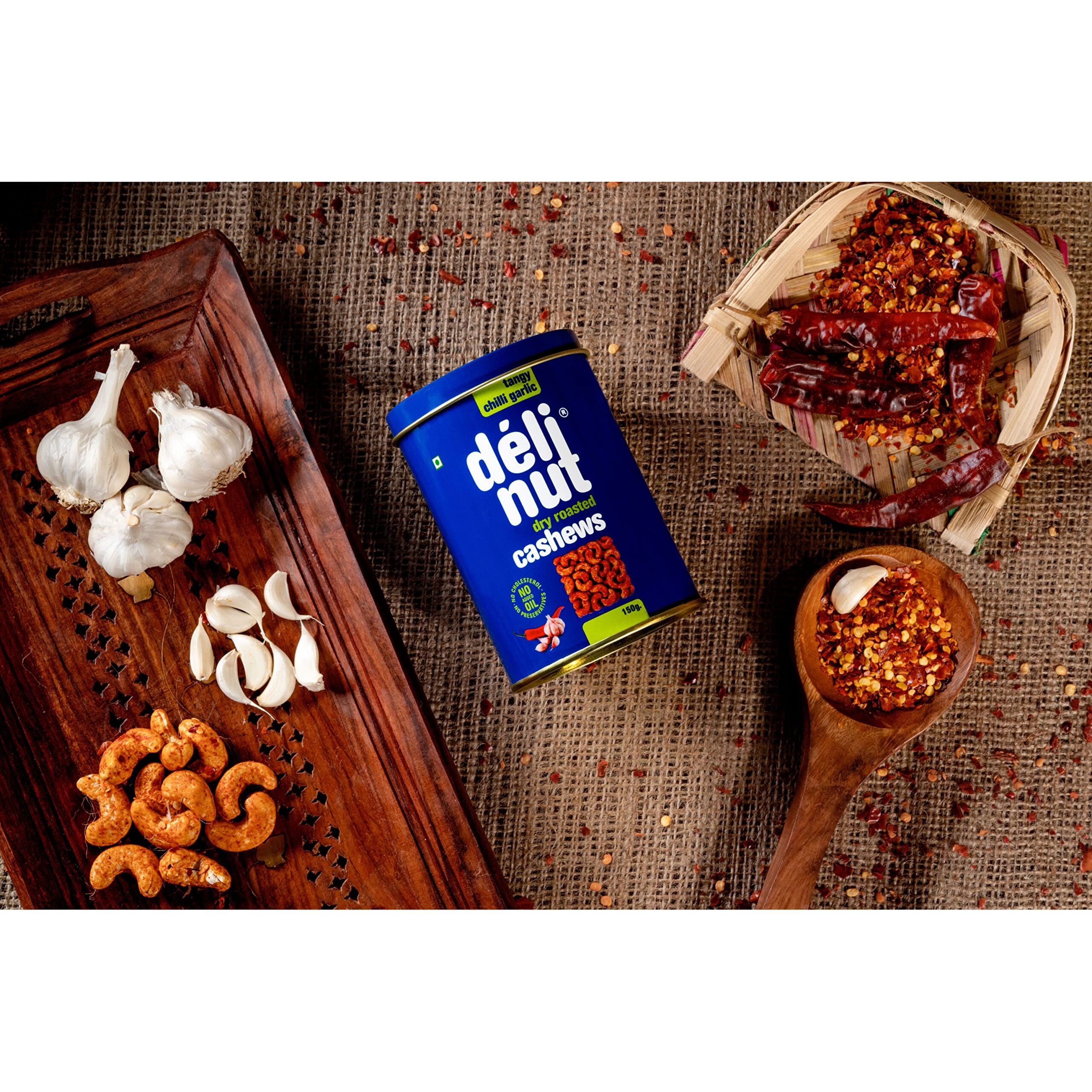 Delinut Dry Roasted Cashews | Plain and Flavoured Cashews (Chilli and Garlic, 500 gm)