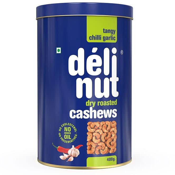 Delinut Dry Roasted Cashews | Plain and Flavoured Cashews (Chilli and Garlic, 400 gm)