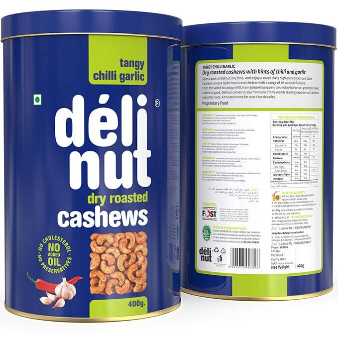 Delinut Dry Roasted Cashews | Plain and Flavoured Cashews (Chilli and Garlic, 400 gm)