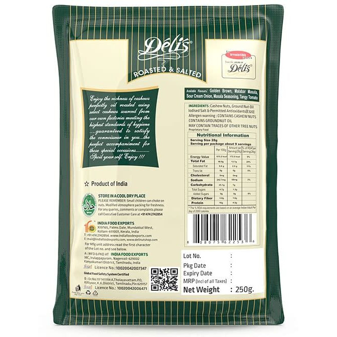 Delinut Dry Roasted Cashews | Plain and Flavoured Cashews (Golden Brown, 250 gm)