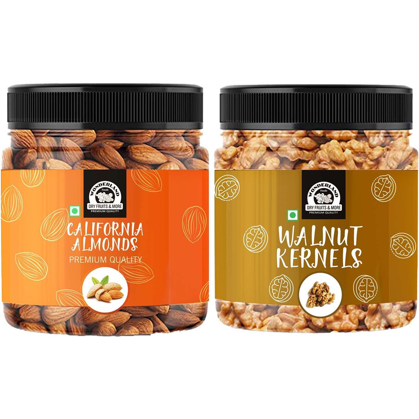 WONDERLAND FOODS (DEVICE) 350g Dry Fruits Combo Pack of Premium Almond 200g And Walnut Kernels 150g in Food Grade Reusable Jars