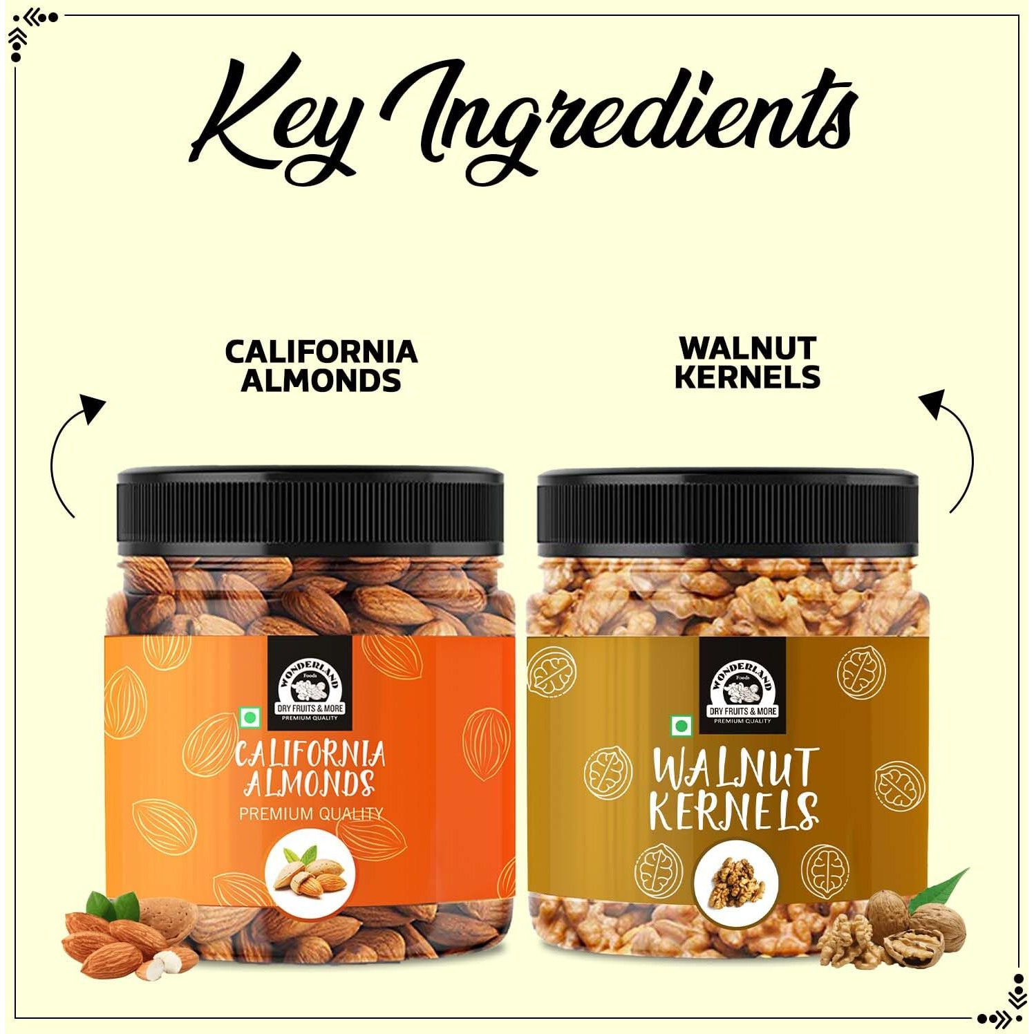 WONDERLAND FOODS (DEVICE) 350g Dry Fruits Combo Pack of Premium Almond 200g And Walnut Kernels 150g in Food Grade Reusable Jars
