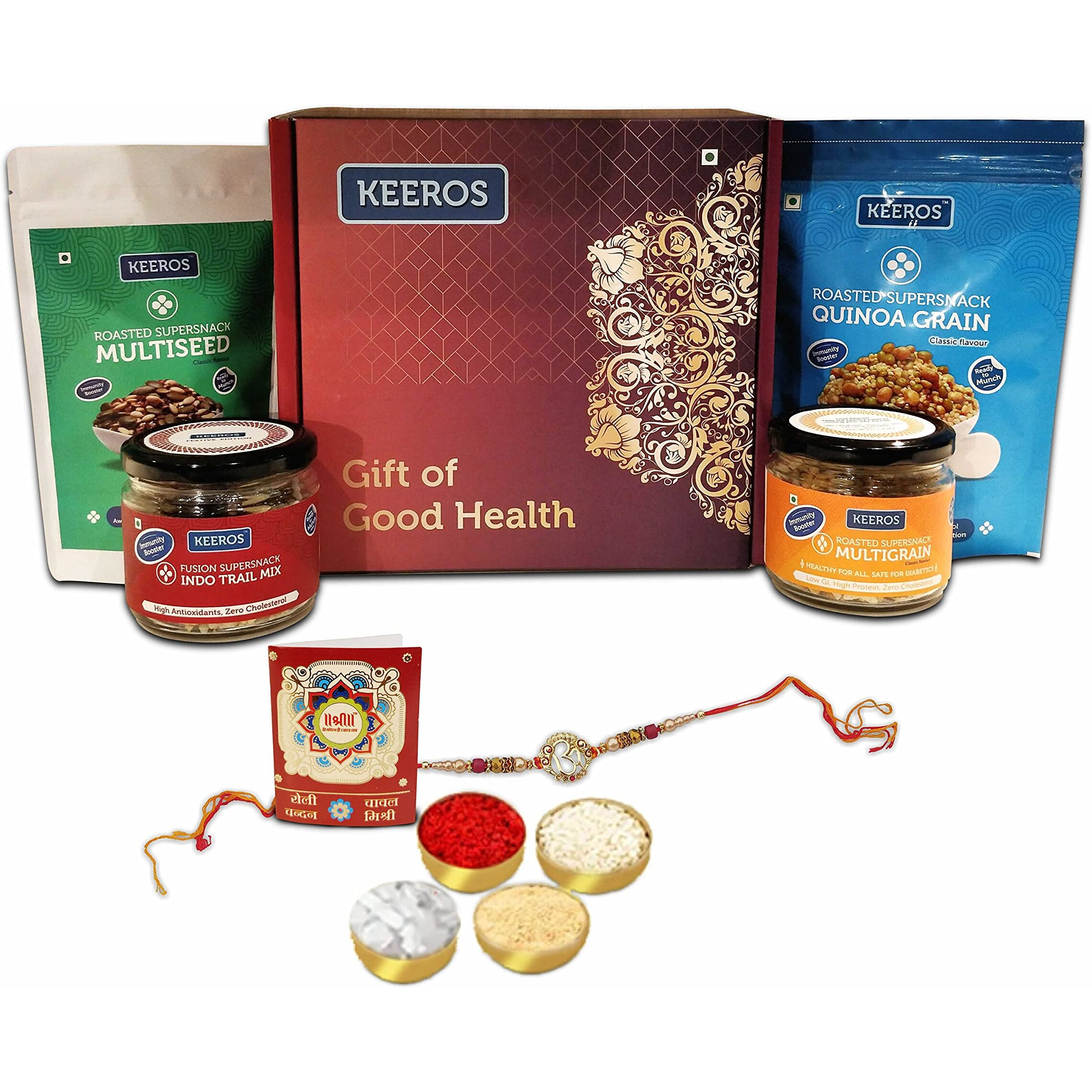 Keeros Healthy Bhai Dooj Gift Hamper for Brother with Roli Moli Chandan Tikka Chawal Mishri | Combo of Sweet & Salted, Tasty & Nutritious Super Snacks in a Premium Gift Hamper | Bhai Duj Combo Pack