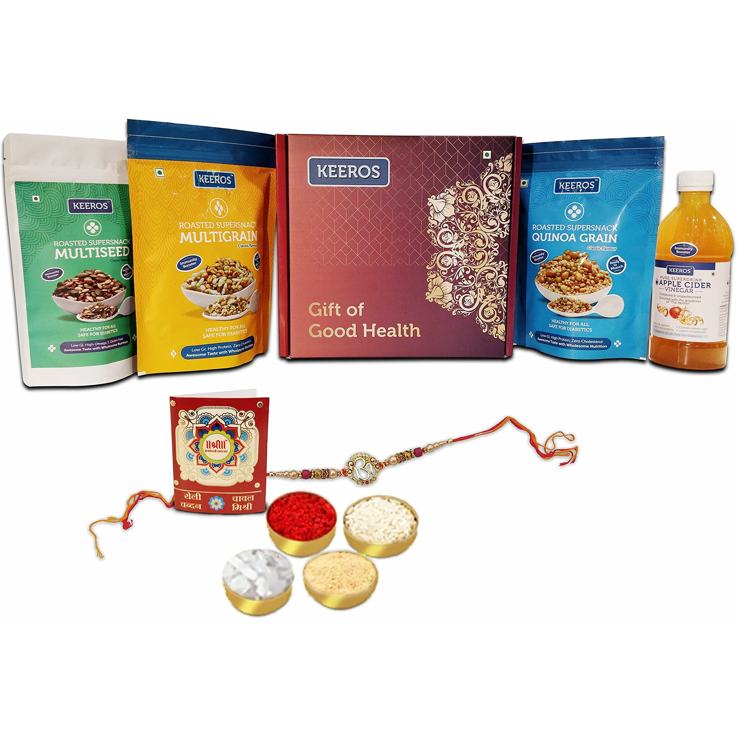 Keeros Healthy Bhai Dooj Gift Hamper for Brother with Roli Moli Chandan Tikka Chawal Mishri | Combo of Sweet & Salted, Tasty & Nutritious Super Snacks & Super Drink in a Premium Gift Pack