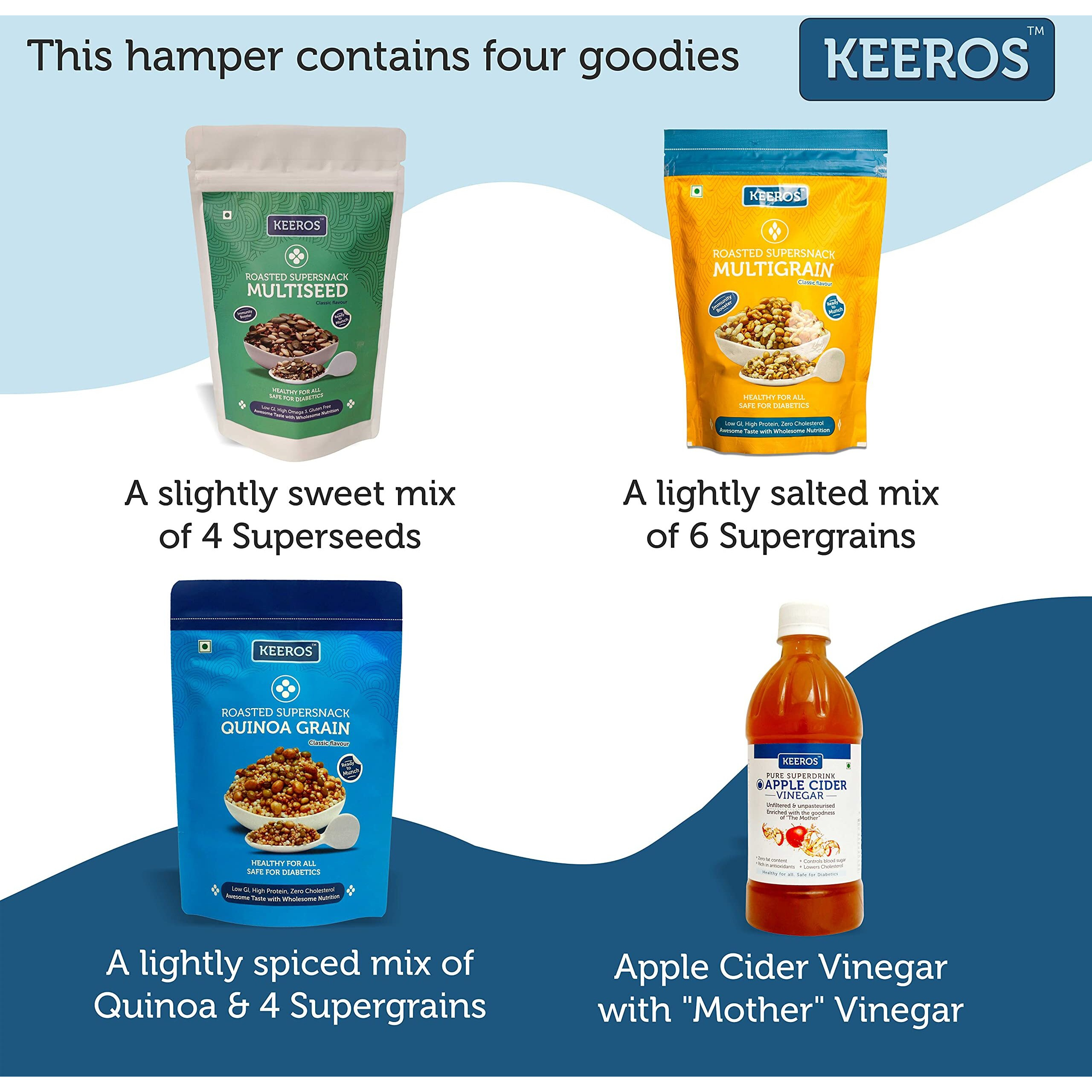 Keeros Healthy Bhai Dooj Gift Hamper for Brother with Roli Moli Chandan Tikka Chawal Mishri | Combo of Sweet & Salted, Tasty & Nutritious Super Snacks & Super Drink in a Premium Gift Pack