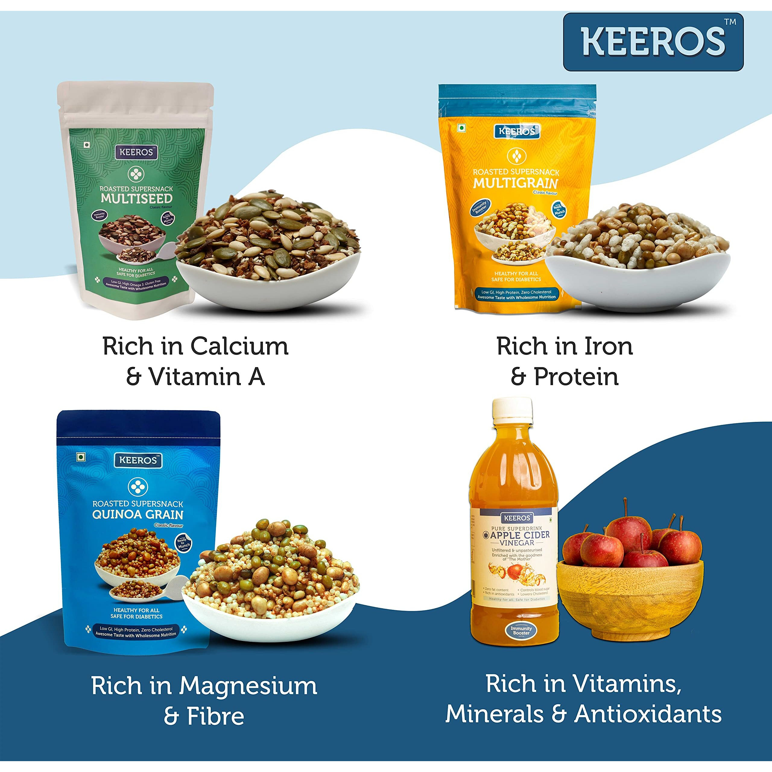 Keeros Healthy Bhai Dooj Gift Hamper for Brother with Roli Moli Chandan Tikka Chawal Mishri | Combo of Sweet & Salted, Tasty & Nutritious Super Snacks & Super Drink in a Premium Gift Pack