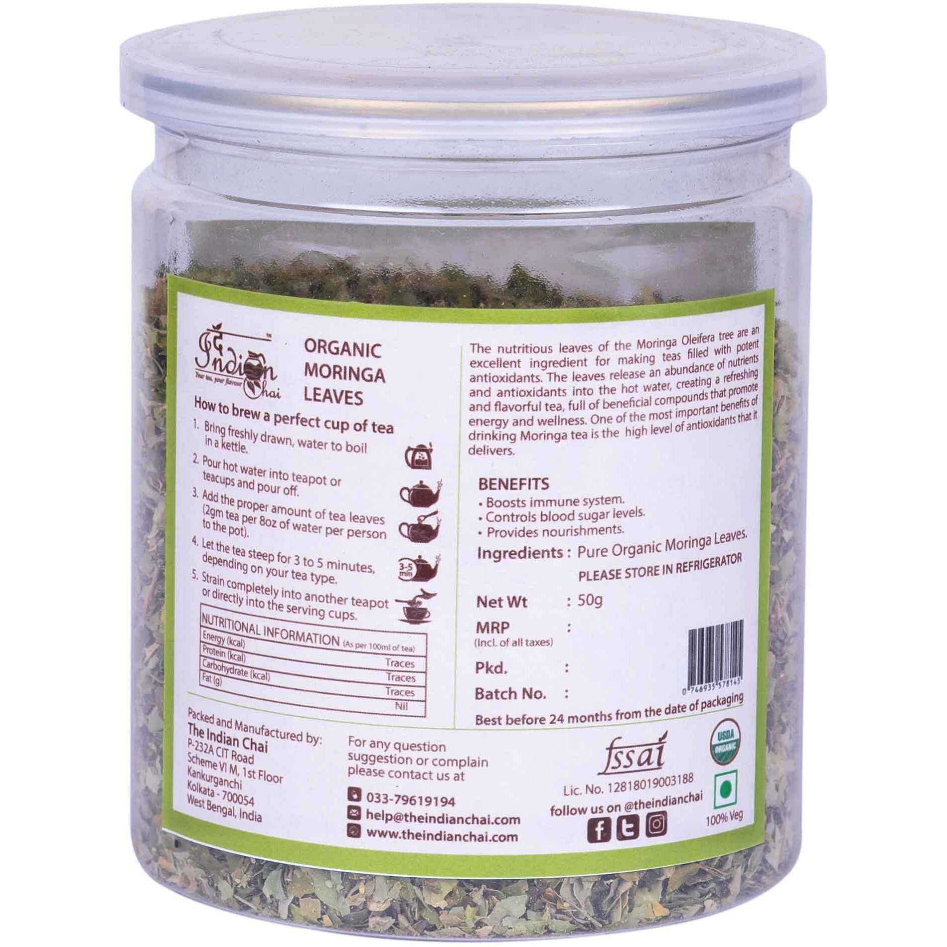 The Indian Chai  Organic Moringa Oleifera Super Food Leaf Tea 50g Helps with Energy & Immunity Booster, Weight Loss, Stress Relief, Caffeine Free Herbal Tea