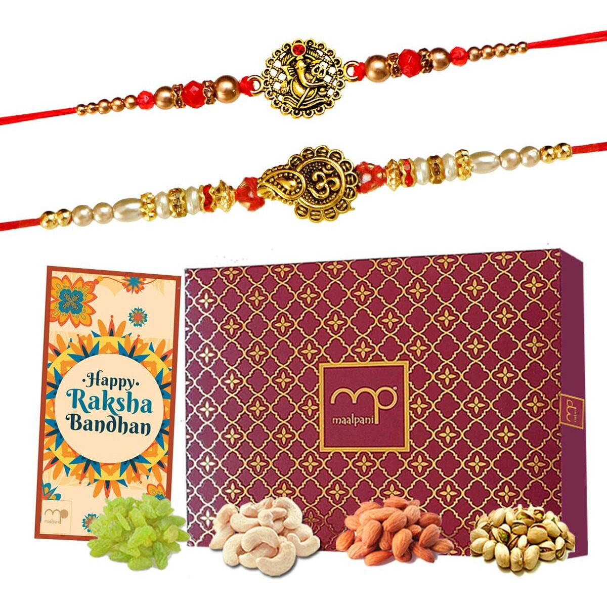 Maalpani Multicolor Thread and Beads Rakhi Set - Roli Mauli, Dry fruit For Bhaiya (Men/Boy)