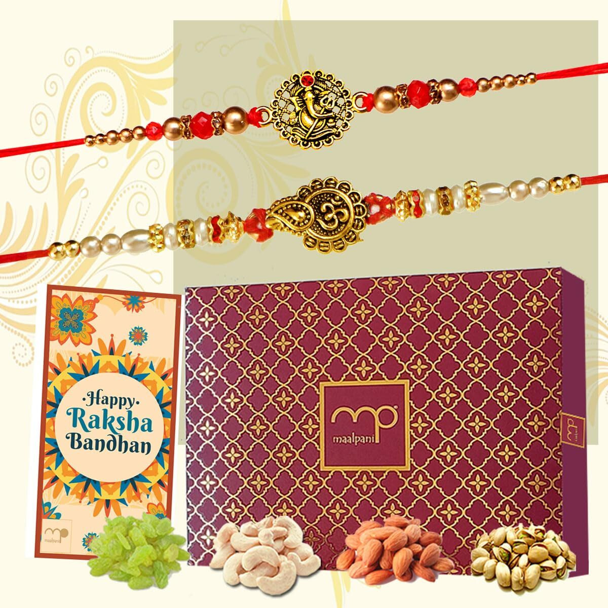 Maalpani Multicolor Thread and Beads Rakhi Set - Roli Mauli, Dry fruit For Bhaiya (Men/Boy)