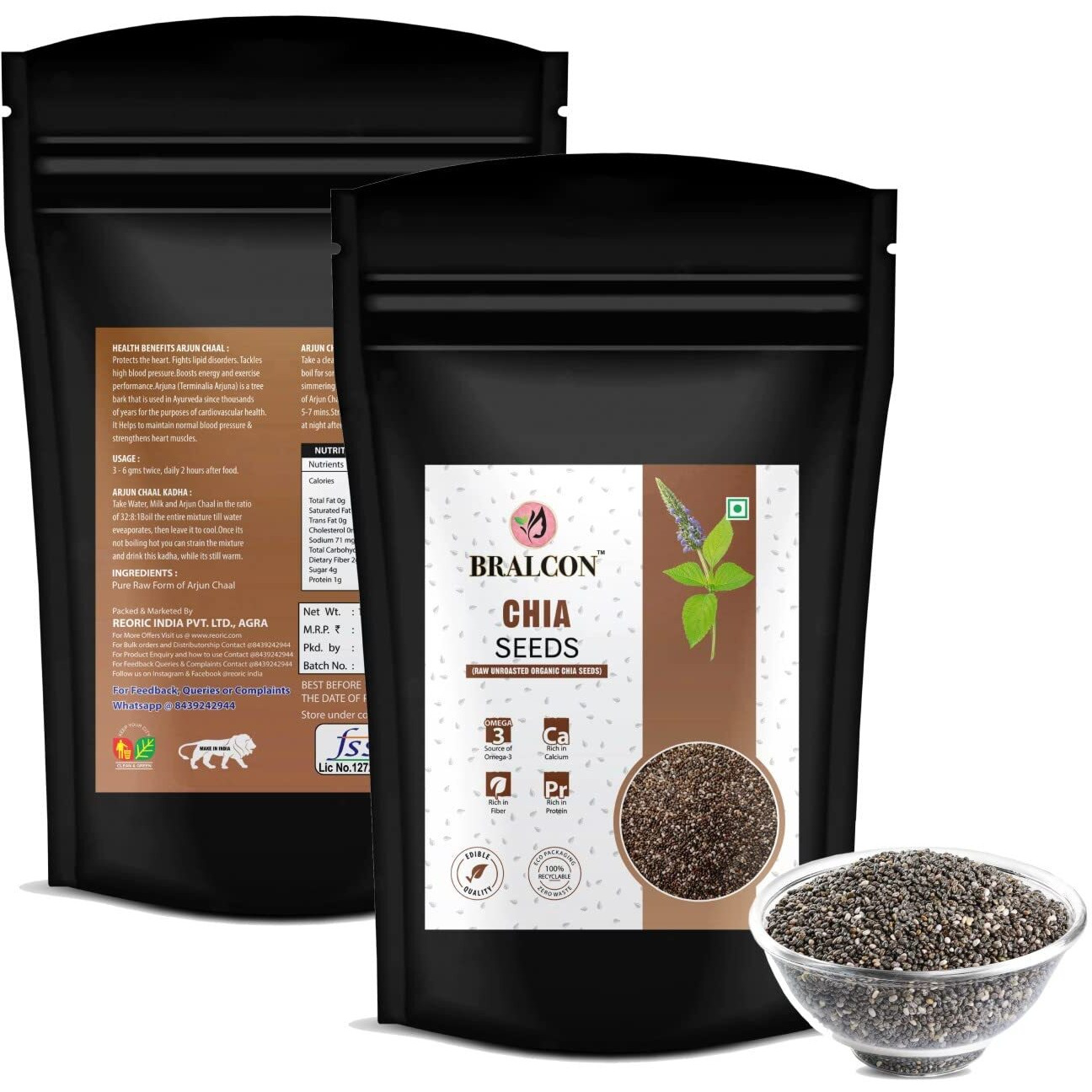 BRALCON Raw Unroasted Organic Chia Seeds -100gm(Pack of 2) | Chia Seeds for eating with Omega 3 and rich in Fiber, Calcium & Protein for Weight Loss Management | Healthy Superfood