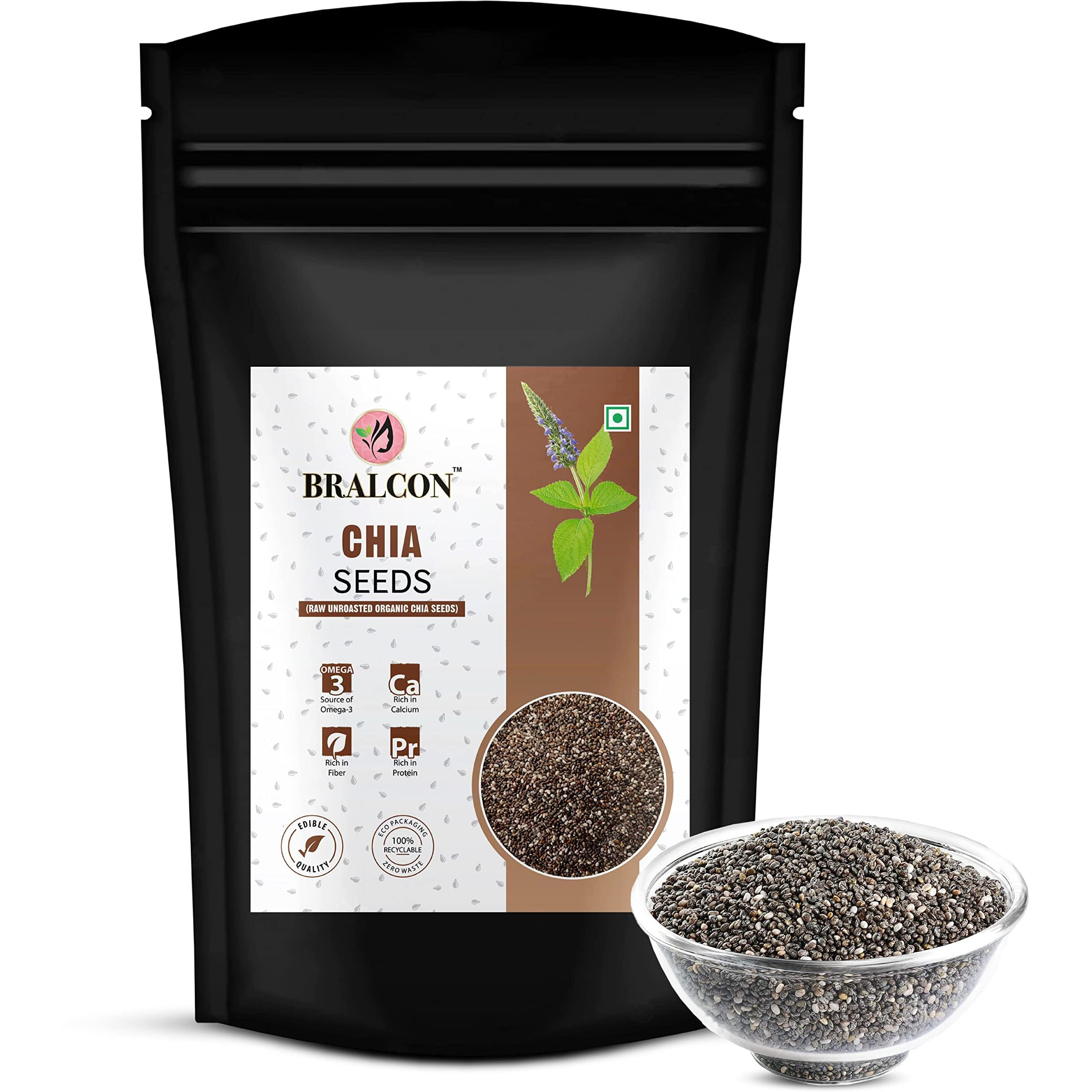 BRALCON Raw Unroasted Organic Chia Seeds -100gm(Pack of 2) | Chia Seeds for eating with Omega 3 and rich in Fiber, Calcium & Protein for Weight Loss Management | Healthy Superfood
