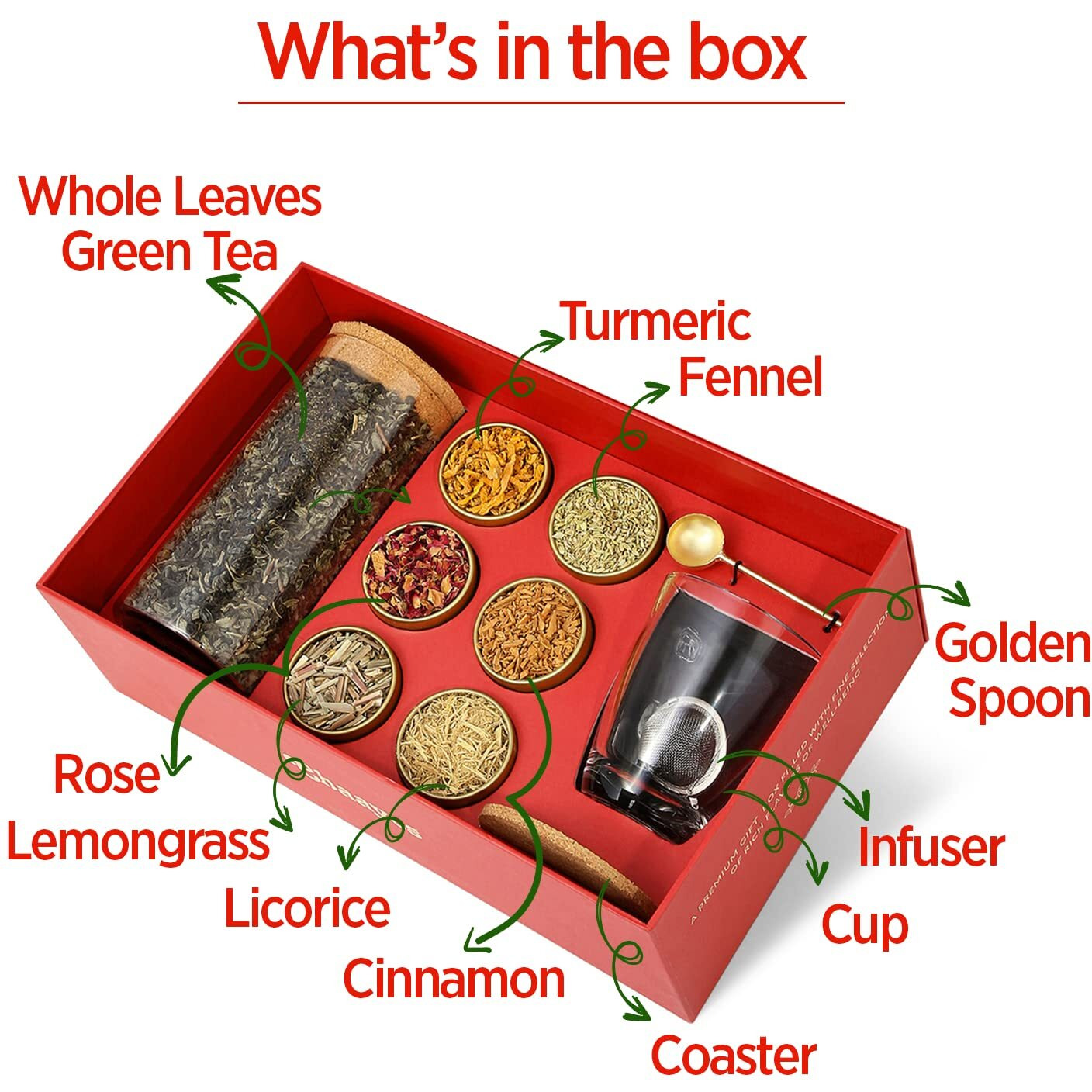 Chaayos Premium Gift Hamper | Contains Green Tea with Six natural Ingradients with Steel tea Infuser, Glass Mug & Golden Spoon for Tea & Coaster | Luxury gift set