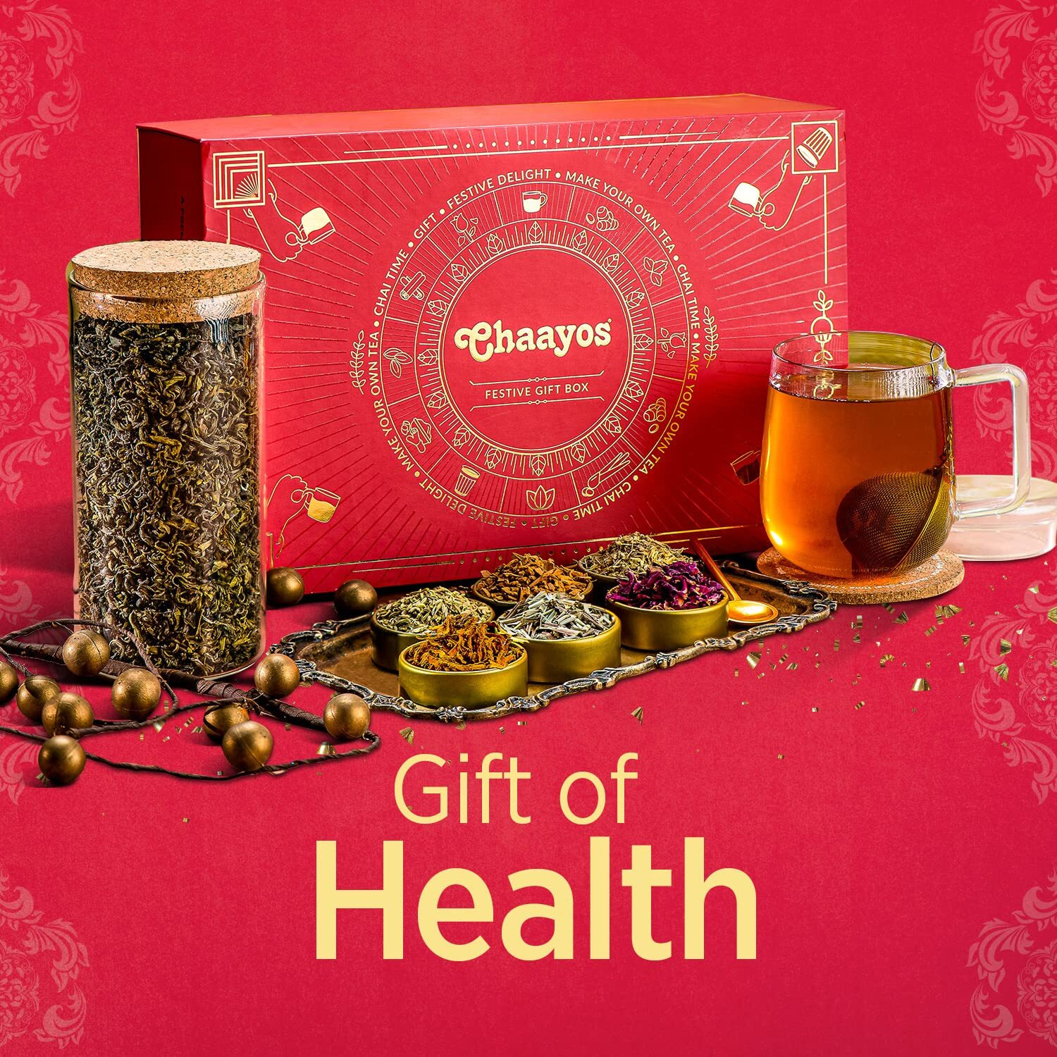 Chaayos Premium Gift Hamper | Contains Green Tea with Six natural Ingradients with Steel tea Infuser, Glass Mug & Golden Spoon for Tea & Coaster | Luxury gift set