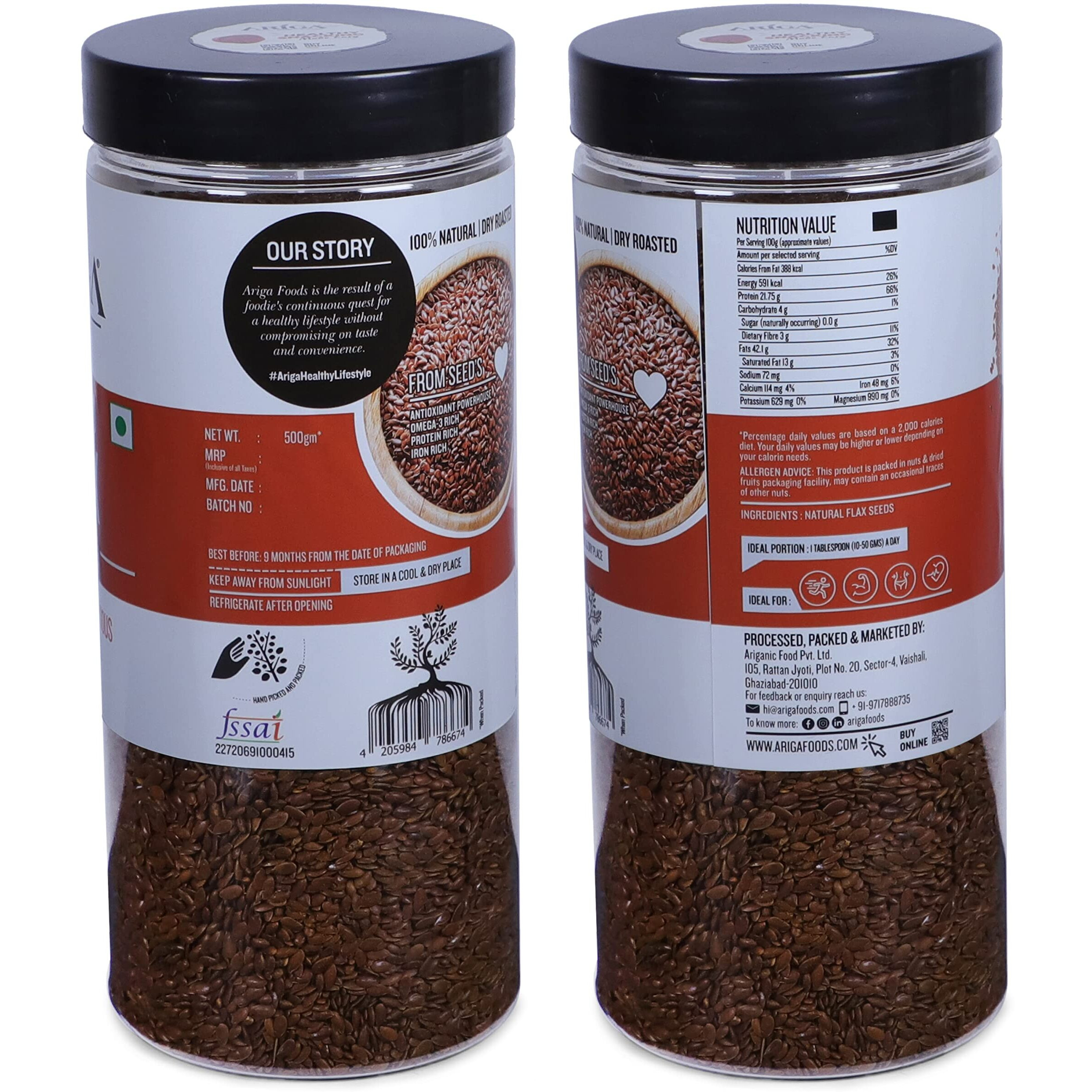 Ariga Foods Premium Roasted Flax Seeds For Weight Management | Rich in Omega-3 Fatty Acids, Proteins, Fibers and Minerals | Pet Jar 1kg (2x500g each)