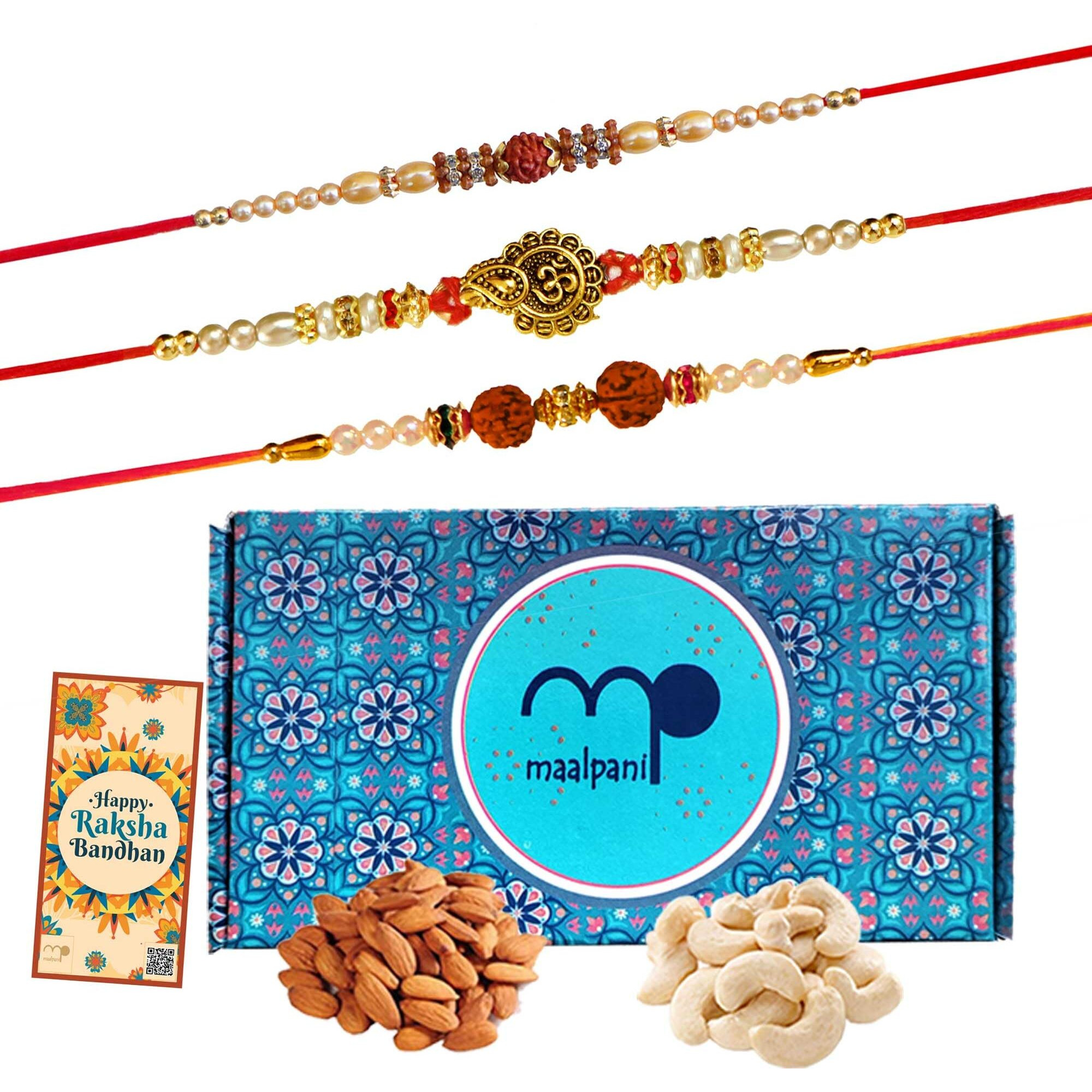 Maalpani Rakhi Gift - 3 Fancy Pearl and Rudraksh Rakhi | Dry Fruits Box Hamper | Rakhi Dry Fruit Gift Combo for Brother