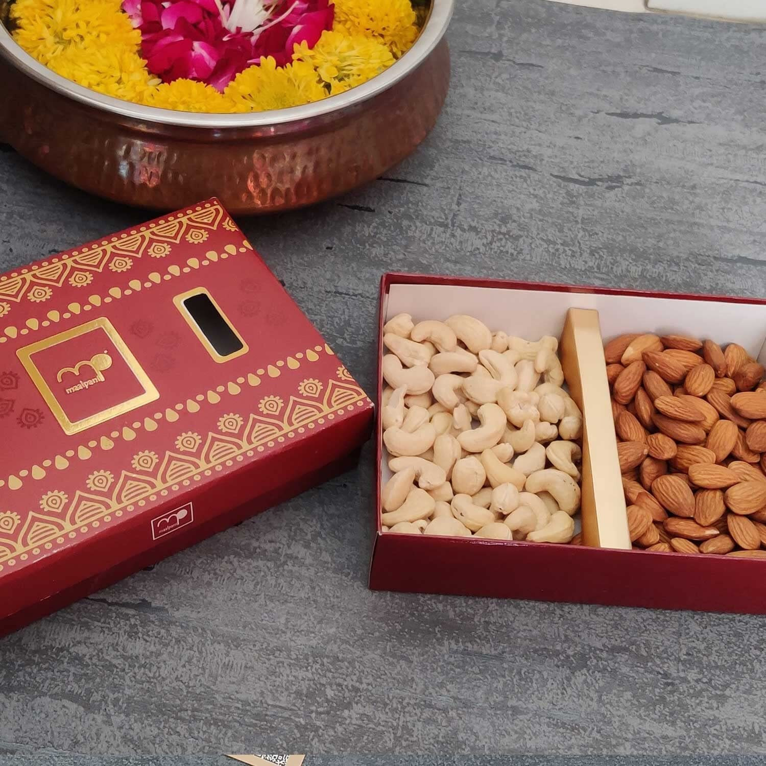 Maalpani Rakhi Gift - 3 Fancy Pearl and Rudraksh Rakhi | Dry Fruits Box Hamper | Rakhi Dry Fruit Gift Combo for Brother