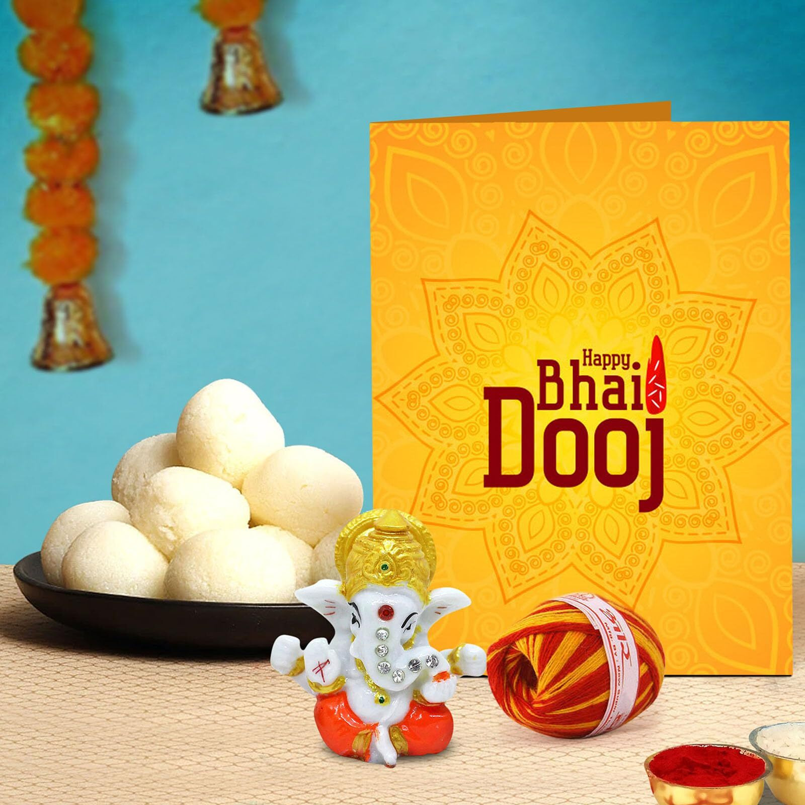 TIED RIBBONS Rakhi with Sweets for Brother - Set of 2 Designer Rakhi with Soan Papdi Sweet Gift Pack and Roli Chawal - Rakhi for Brother (Design 2)