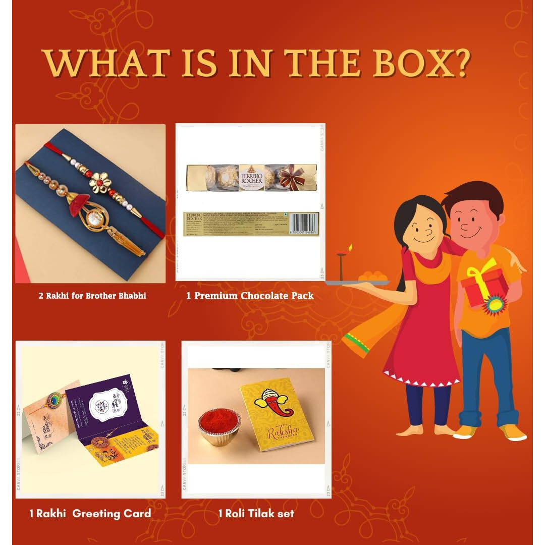 Ferrero Rakhi Gift Combo For Brother and Bhabhi with Chocolate Set I Designer Lumba Rakhi Set of 2 two For Bhai Bhaiya Men Bhabhi Women Girls I Premium Rakhis Gift Hamper