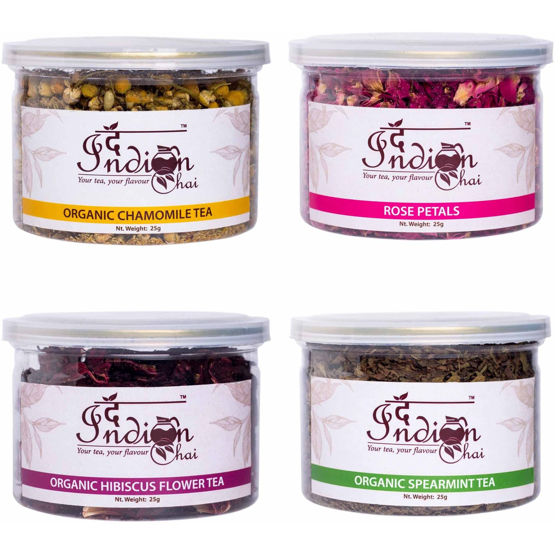 The Indian Chai - Combo, Chamomile Tea, Rose Petals, Hibiscus Tea and Spearmint Tea, for Sleep, Stress, Cholesterol and Immuntiy, All Organic Caffeine Free, Herbal Tea, 25g each, (4 x 25g)