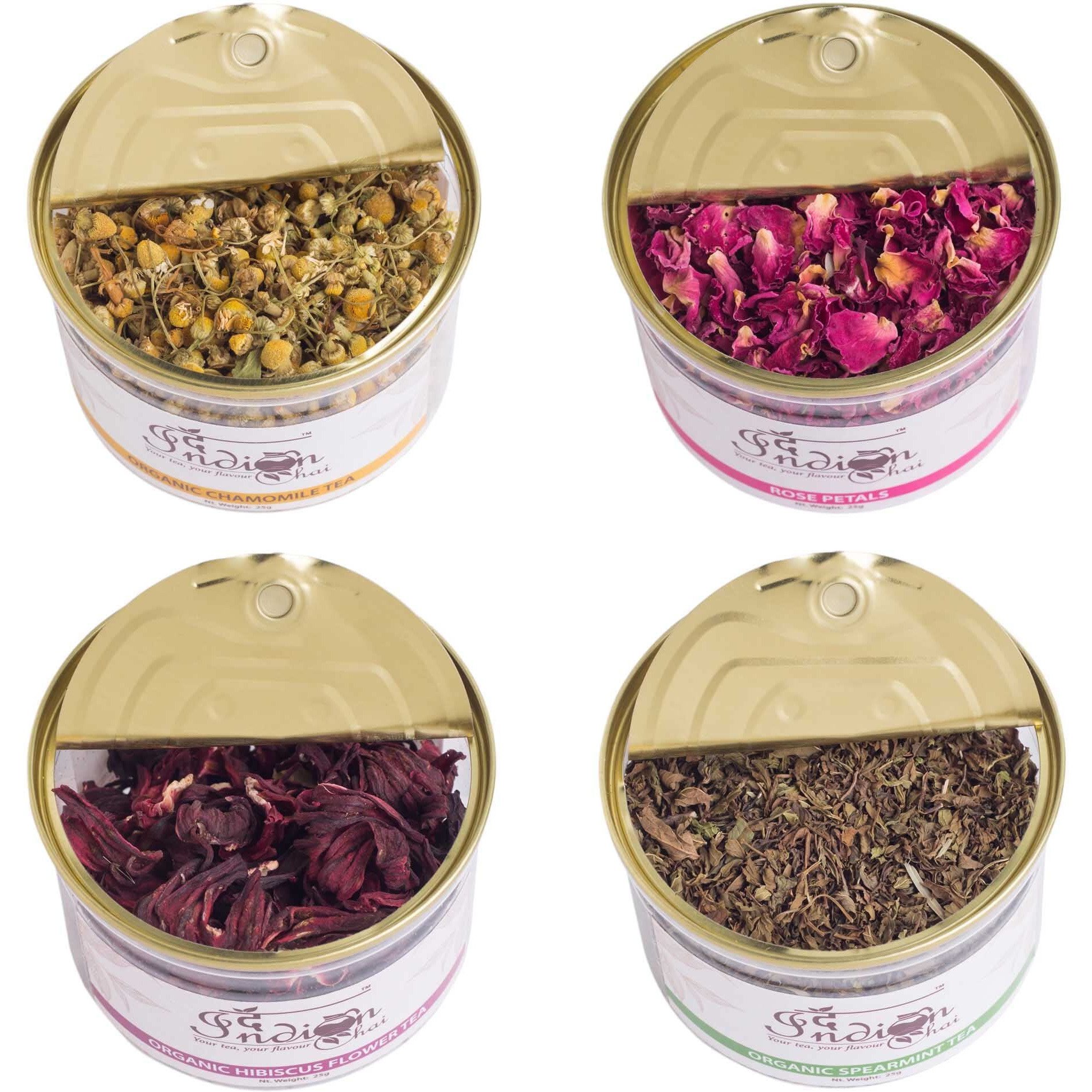 The Indian Chai - Combo, Chamomile Tea, Rose Petals, Hibiscus Tea and Spearmint Tea, for Sleep, Stress, Cholesterol and Immuntiy, All Organic Caffeine Free, Herbal Tea, 25g each, (4 x 25g)