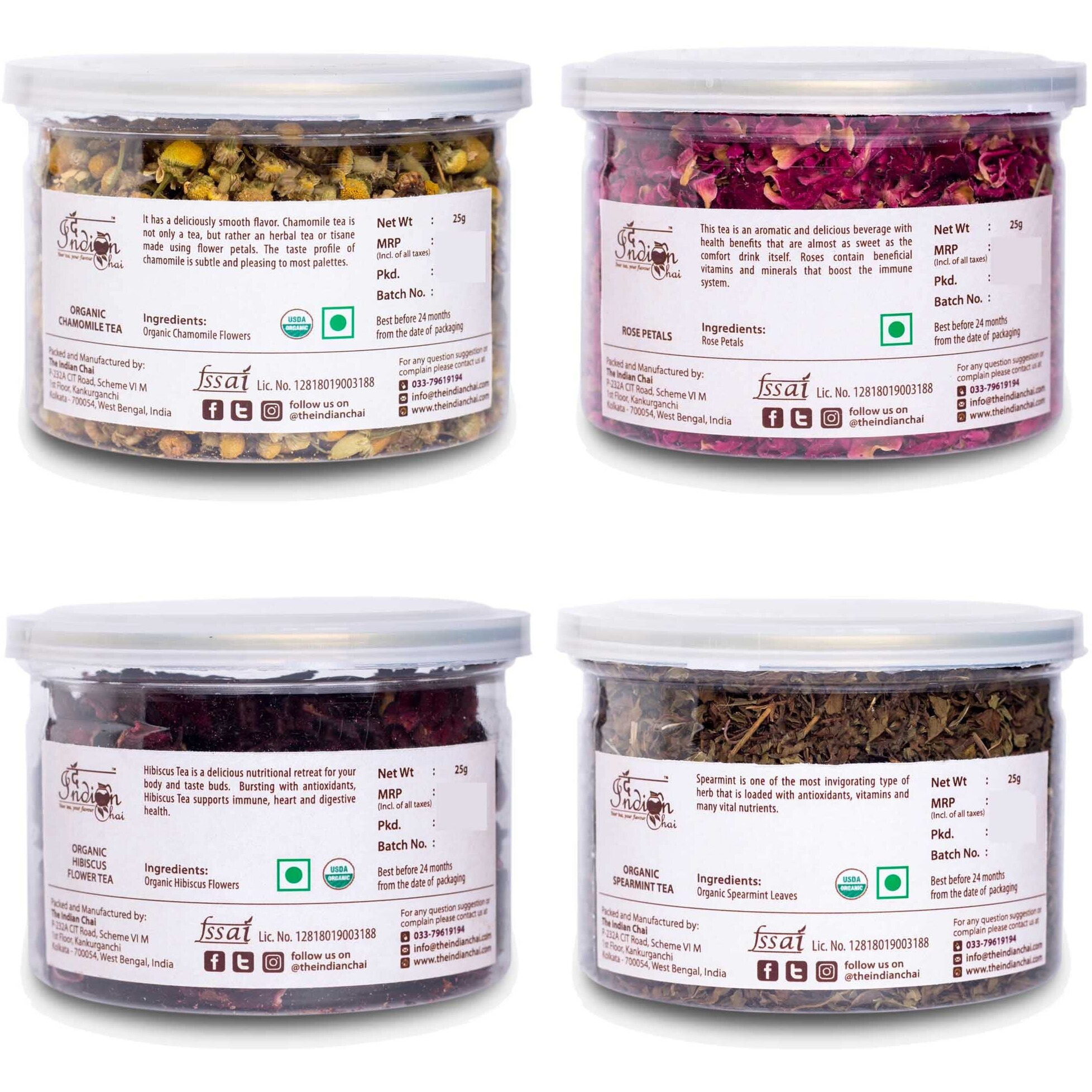 The Indian Chai - Combo, Chamomile Tea, Rose Petals, Hibiscus Tea and Spearmint Tea, for Sleep, Stress, Cholesterol and Immuntiy, All Organic Caffeine Free, Herbal Tea, 25g each, (4 x 25g)