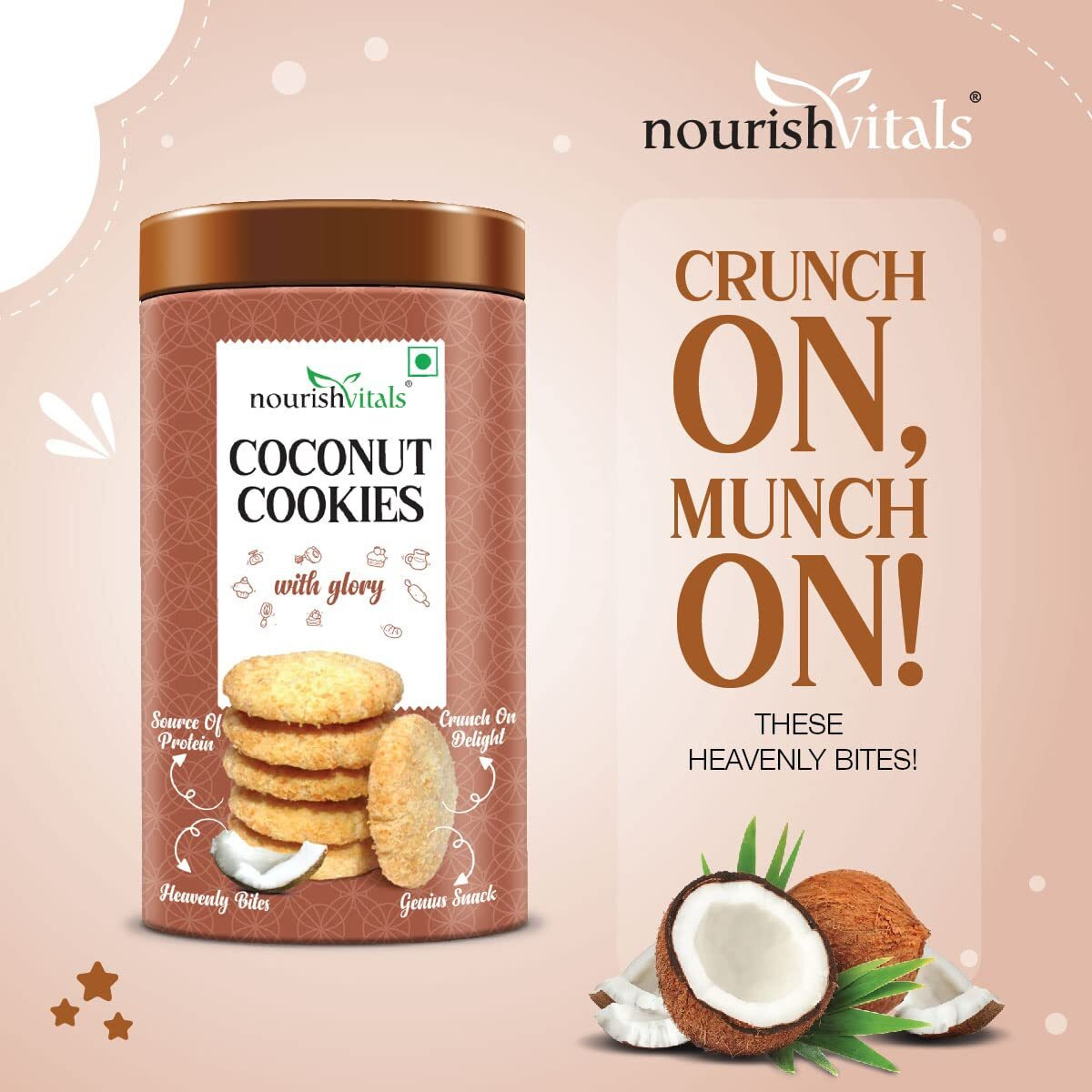 NourishVitals Coconut Cookies, Heavenly Bites, Source of Protein, Crunchy Delights, Genius Snack, 120g x Pack Of 2