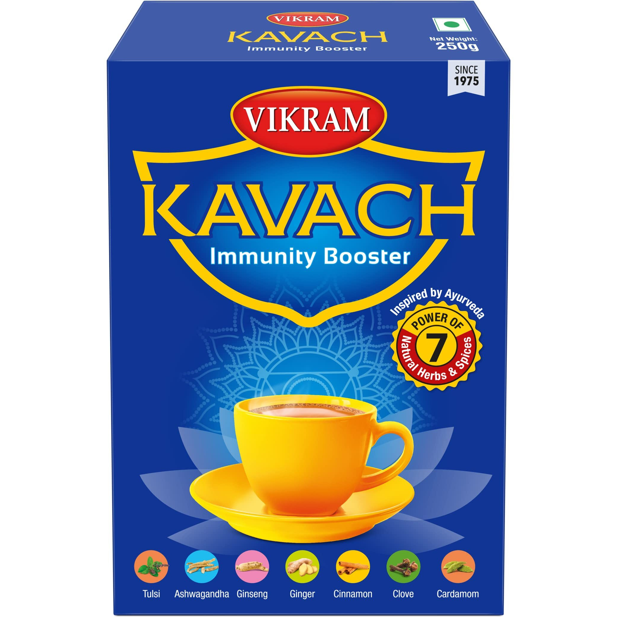 Vikram Kavach Immunity Booster Tea | 100% Natural Ayurvedic Blend With The Goodness of 7 Spices Tulsi, Ashwagandha, Ginseng, Ginger, Cinnamon, Clove, Cardamom | Herbal Tea Powder | 250g | Pack of 2