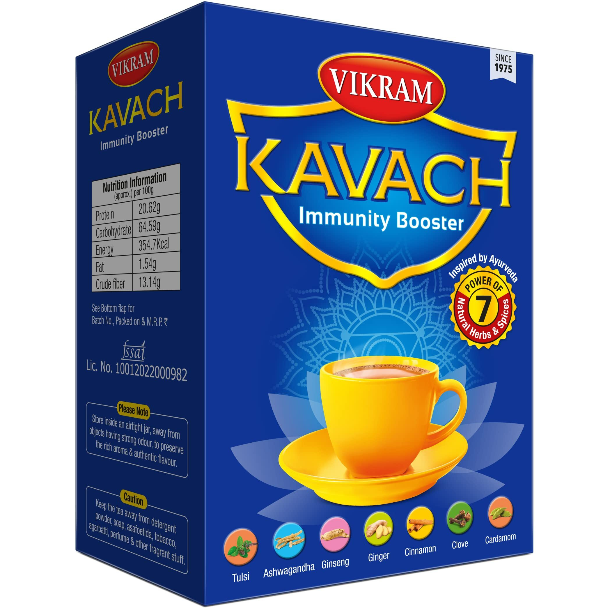 Vikram Kavach Immunity Booster Tea | 100% Natural Ayurvedic Blend With The Goodness of 7 Spices Tulsi, Ashwagandha, Ginseng, Ginger, Cinnamon, Clove, Cardamom | Herbal Tea Powder | 250g | Pack of 2