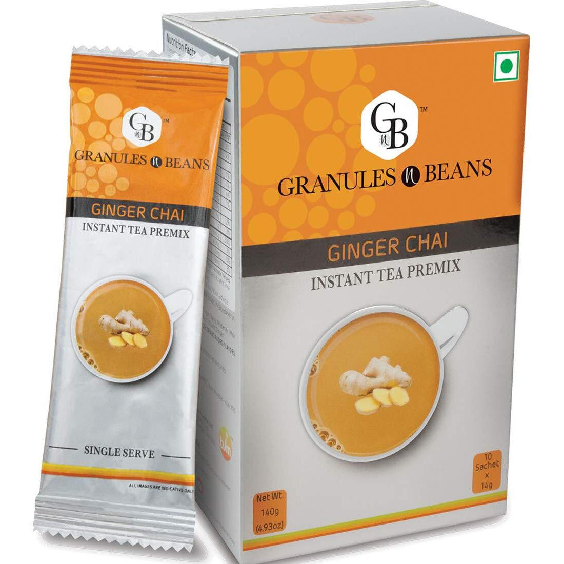 Granules n Beans Ginger Chai Instant Tea Premix - (10 Sachets x 14g  140g) (Pack of 2) | Aromatic Tea