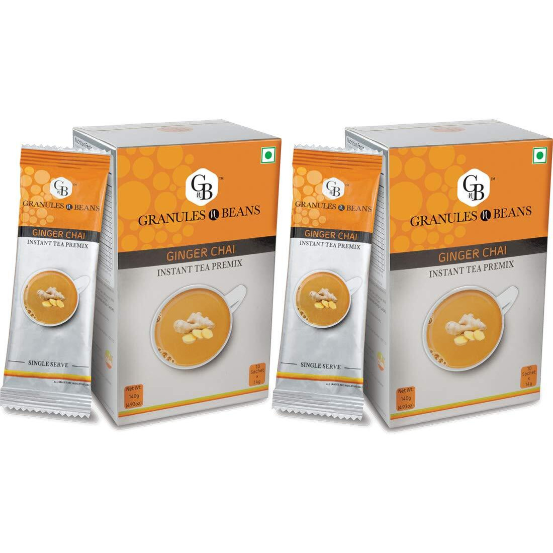 Granules n Beans Ginger Chai Instant Tea Premix - (10 Sachets x 14g  140g) (Pack of 2) | Aromatic Tea