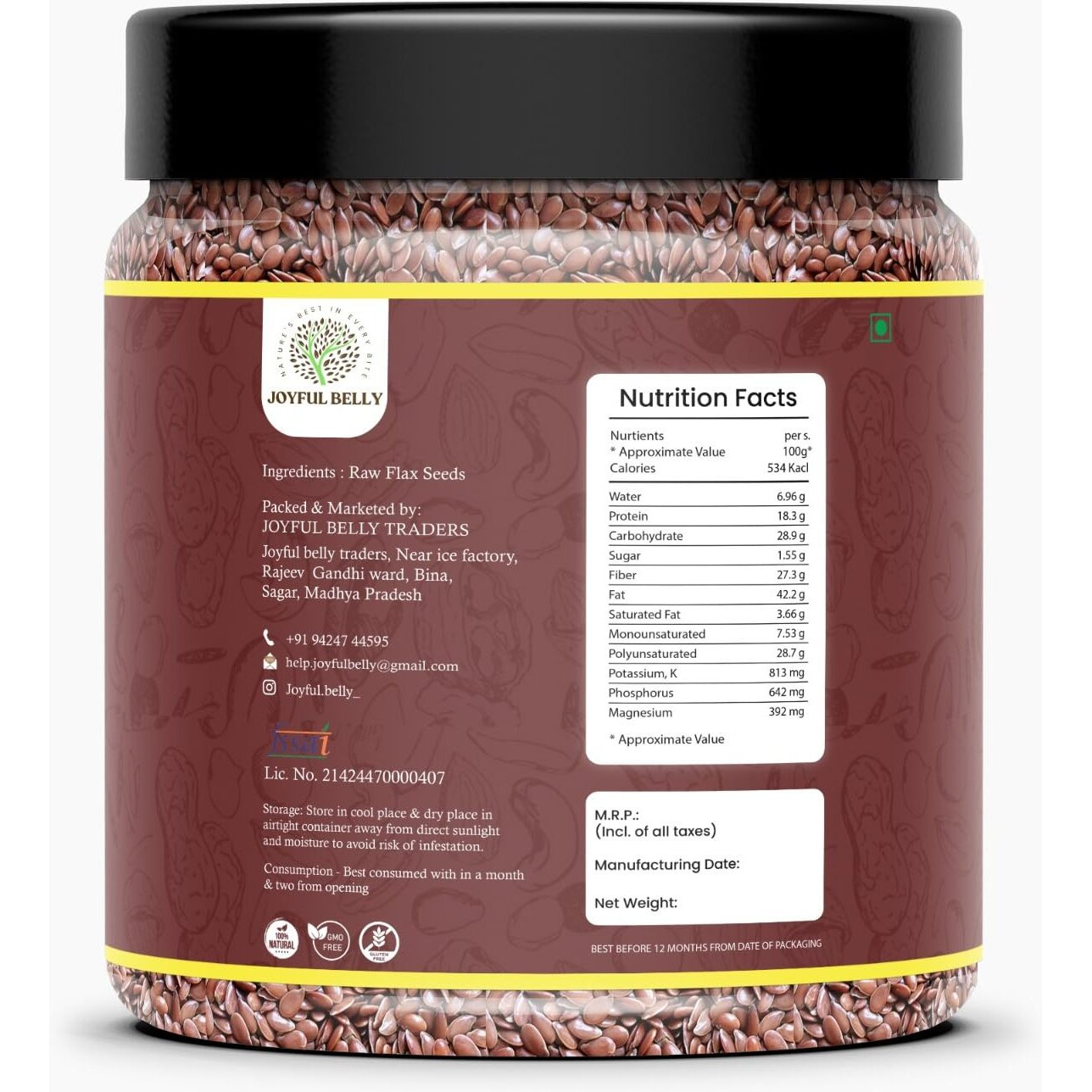 JOYFUL BELLY Flax Seeds 250gm | Raw & Unroasted Alsi Seed | Natural Flax Seeds for Eating, Weight Loss & Hair Growth | Rich in Protein & Dietary Fibre | Healthy Snacks Diet Food - (Jar Pack)