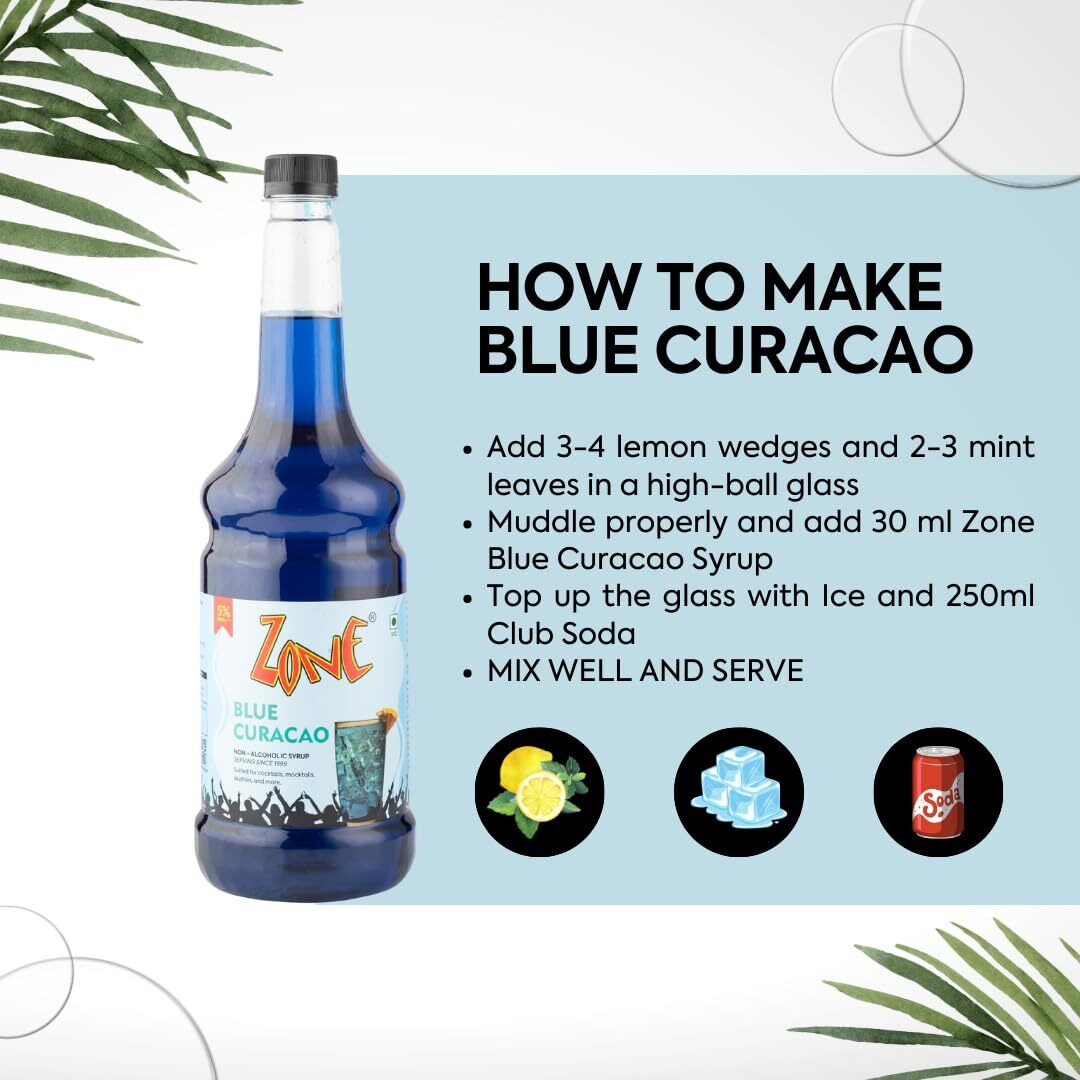 Zone Blue Curacao Syrup 1050ml | Mild & Sweet Orange Flavor for Mocktails, Cocktails, Lemonades, Iced Teas & More | 35+ Flavours