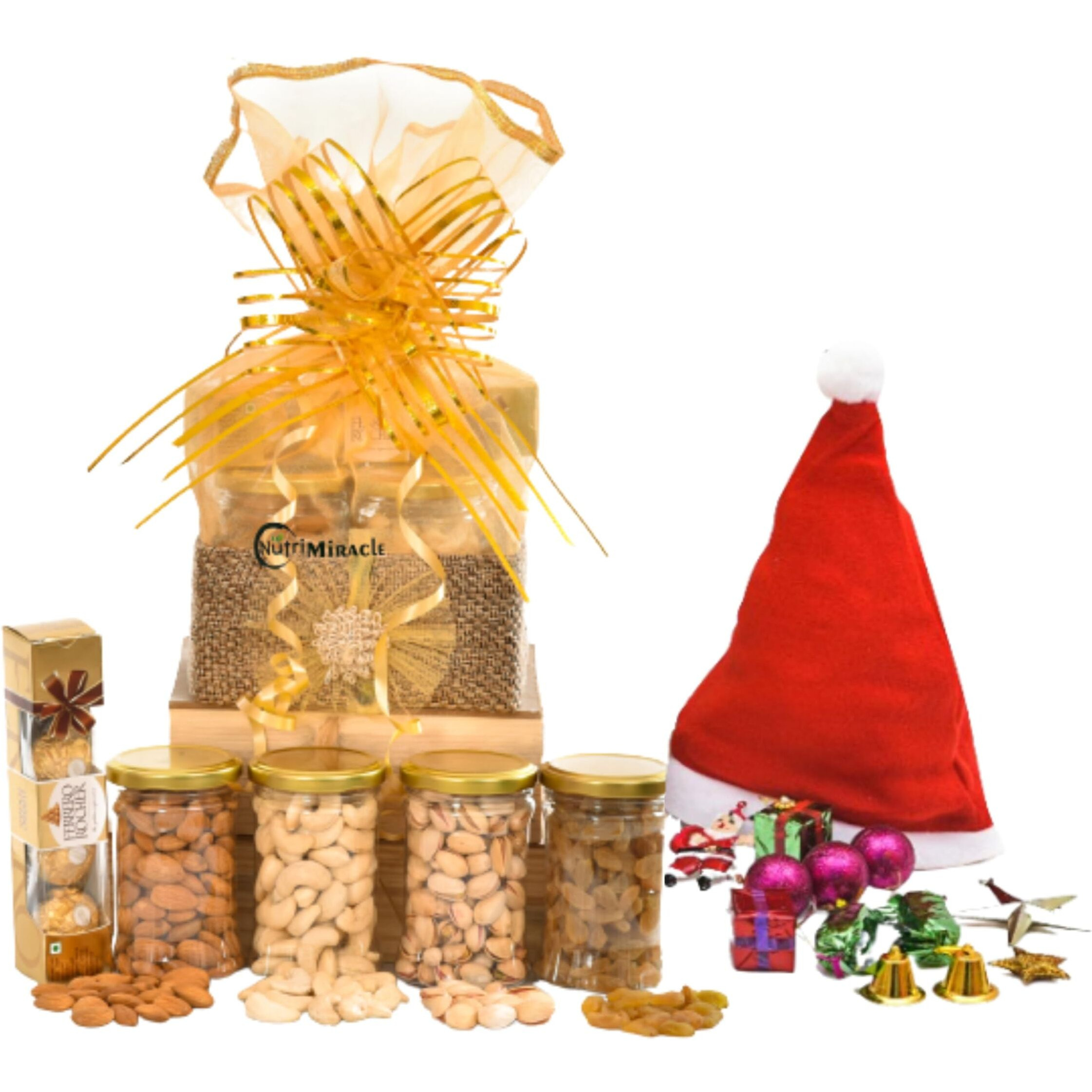 NUTRI MIRACLE Christmas Gift Hamper with Christmas Goodies | Dry Fruit and Chocolate Gift Pack with Christmas Tree Decoratives and Santa Cap for Christmas