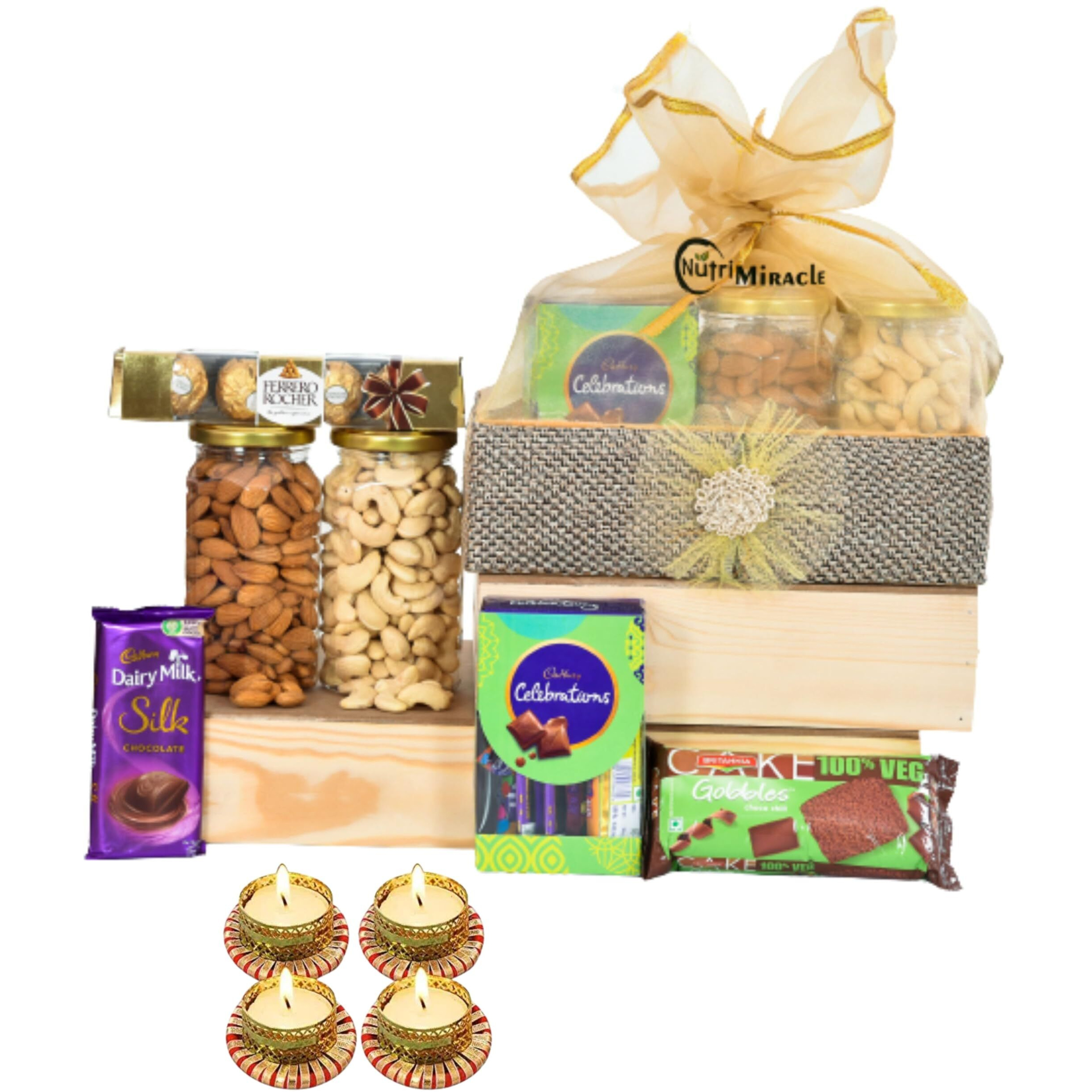 NUTRI MIRACLE New Year Dry Fruits Gift Basket for Family and Friends | Corporate Christmas Gift of Nuts and Chocoltes with Diyas