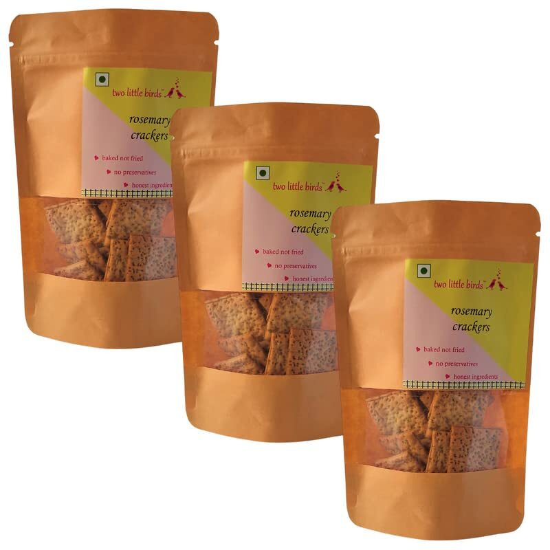 two little birds Rosemary Crackers - Made with Aromatic Rosemary | Baked Not Fried, Eggless, Handmade, Freshly Baked Snacks Chips | No Added Preservatives or Palm Oil | 120 Grams (Pack of 3)