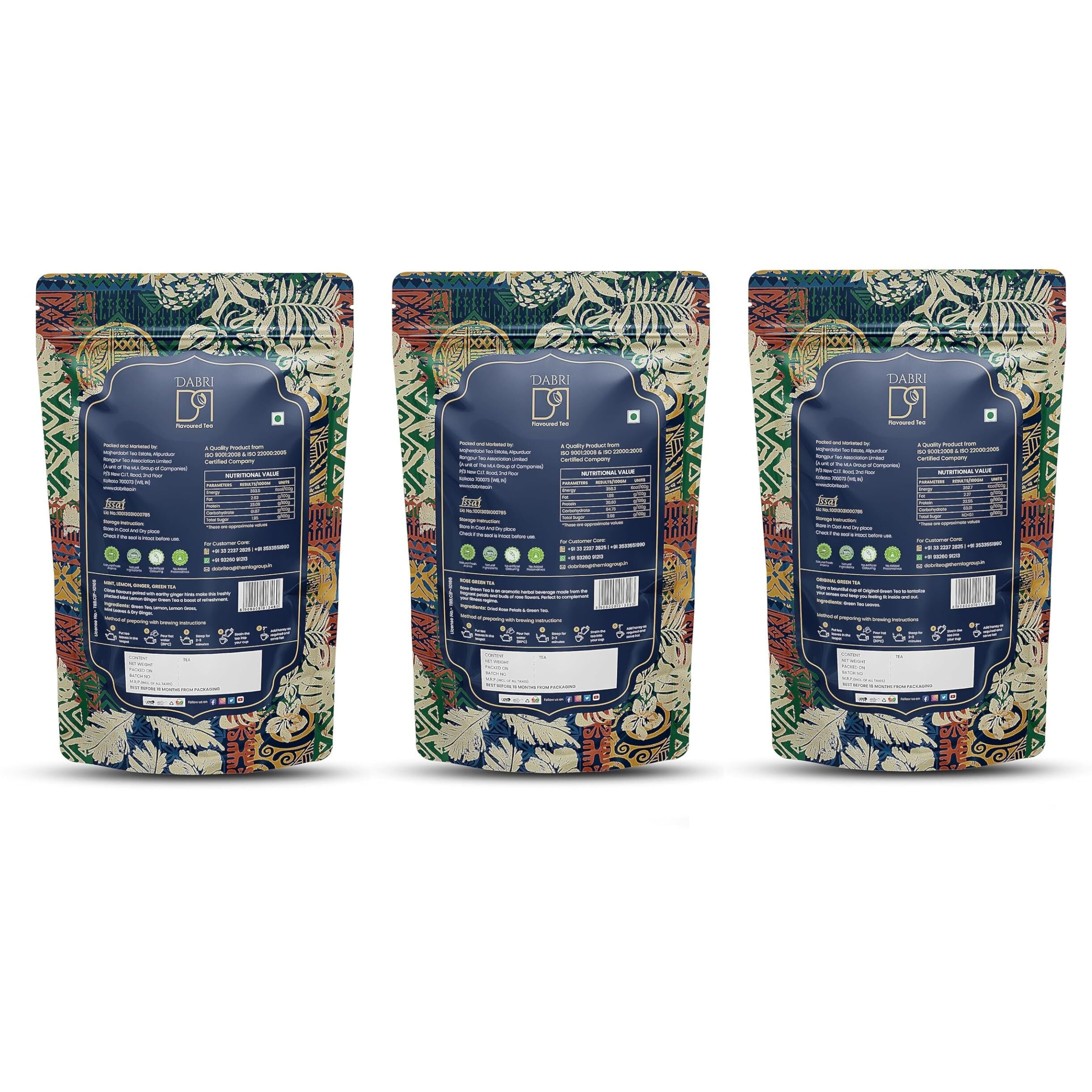 DABRI Loose Leaf Green Tea Combo Pouch - (1 X Mint Lemon Ginger Green Tea, 1 X Rose Green Tea, 1 X Original Green Tea - Combo of 3, Pouch of 100gm Each)