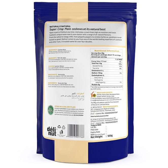 Delinut Dry Roasted Cashews | Plain and Flavoured Cashews (Plain, 500 gm)