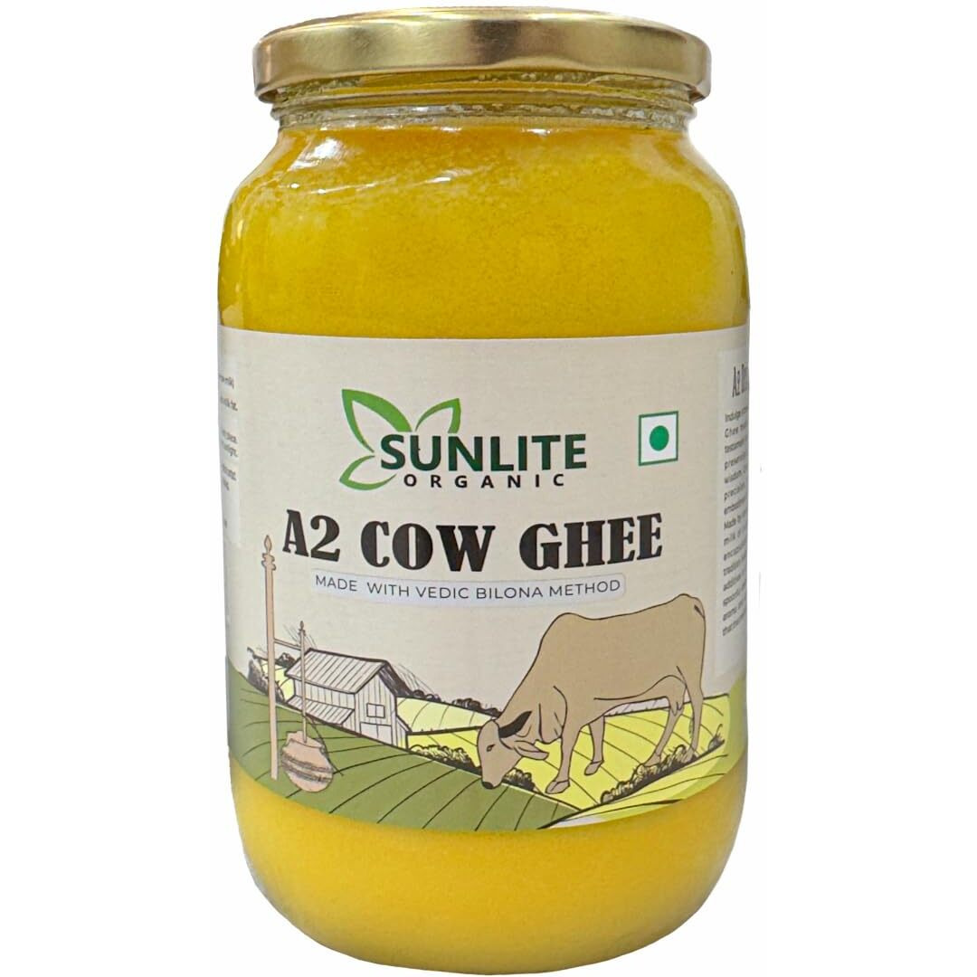 Sunlite Organic A2 Desi Cow Ghee 500ML Glass Bottle I Traditional Vedic Bilona Method I 100% Indian Origin Desi Cow Ghee, Pure A2 Ghee, Natural & Healthy, Non-GMO, Lab Certified A2 Ghee 500ml