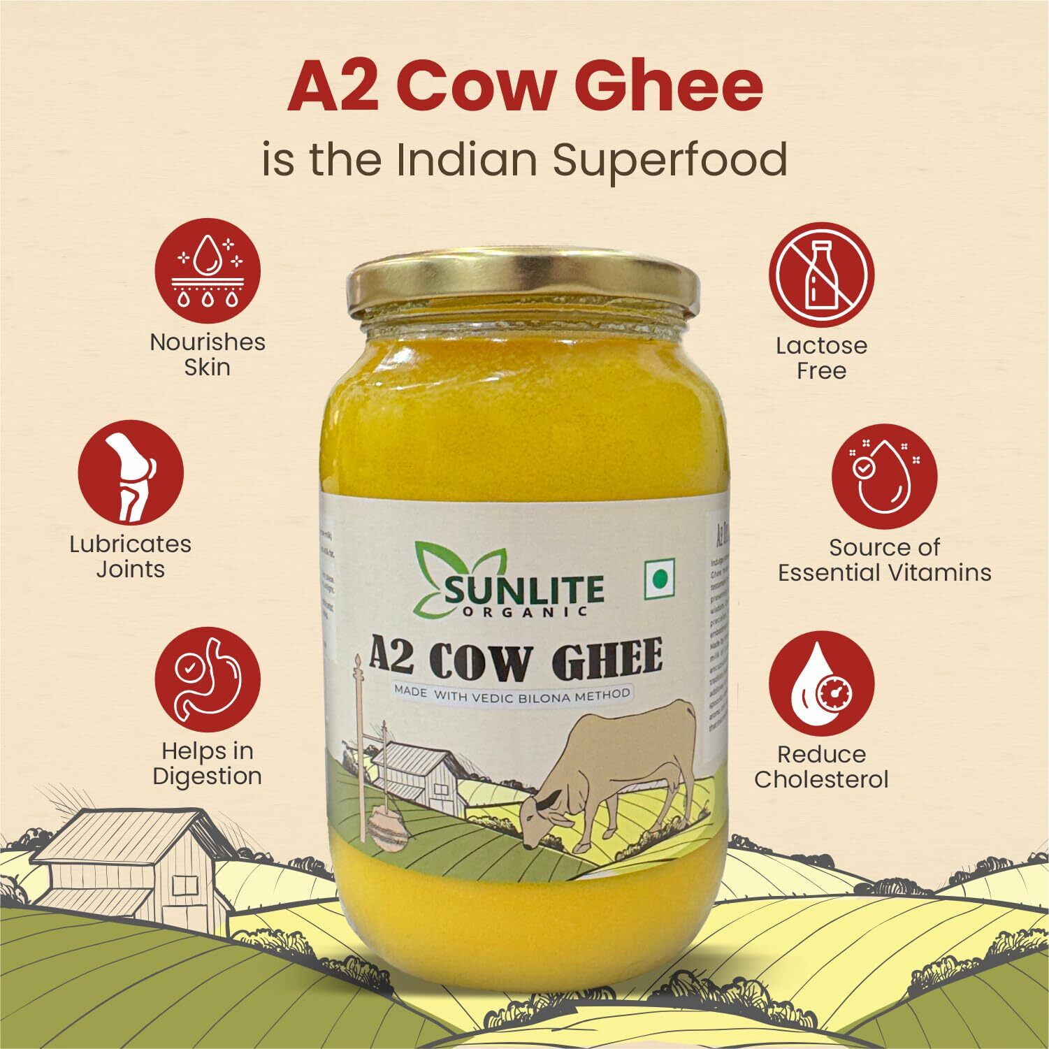 Sunlite Organic A2 Desi Cow Ghee 500ML Glass Bottle I Traditional Vedic Bilona Method I 100% Indian Origin Desi Cow Ghee, Pure A2 Ghee, Natural & Healthy, Non-GMO, Lab Certified A2 Ghee 500ml