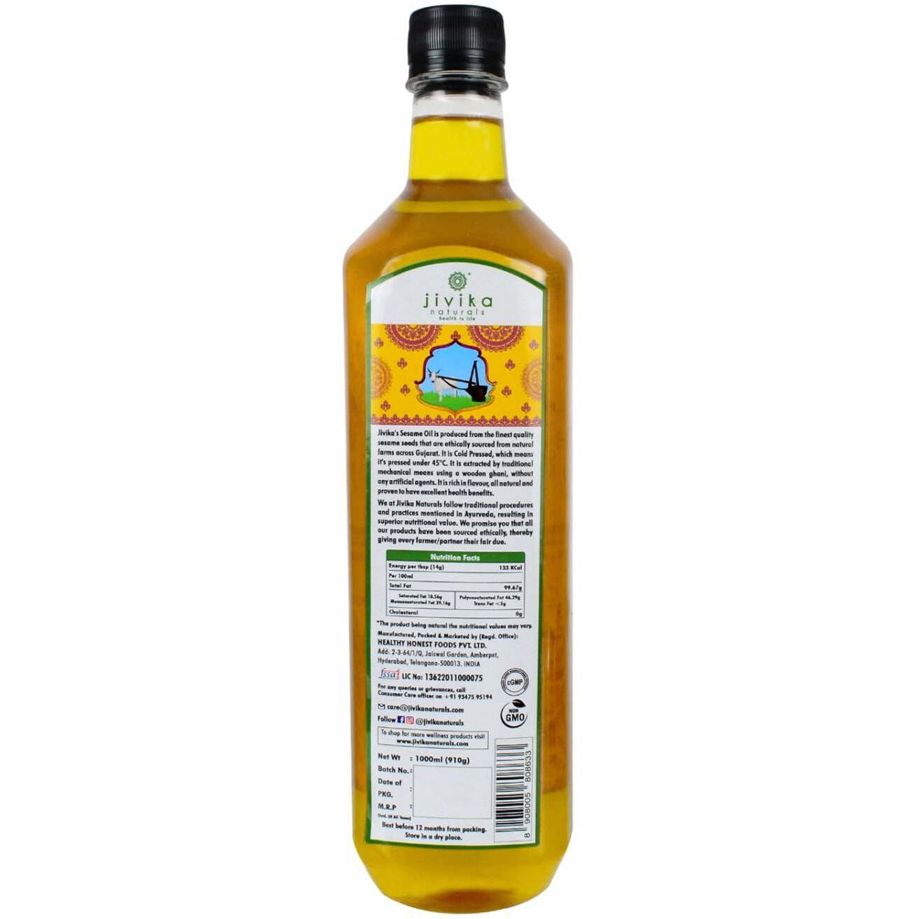Jivika Cold Pressed Sesame Oil 1 Litre (Pack of 2) | Unrefined | Kolhu/Kacchi Ghani/Chekku | Natural | Chemical-Free | Cold Pressed Sesame Oil for Cooking | A1 Grade Sesame Seeds | Rich Aroma & Flavour